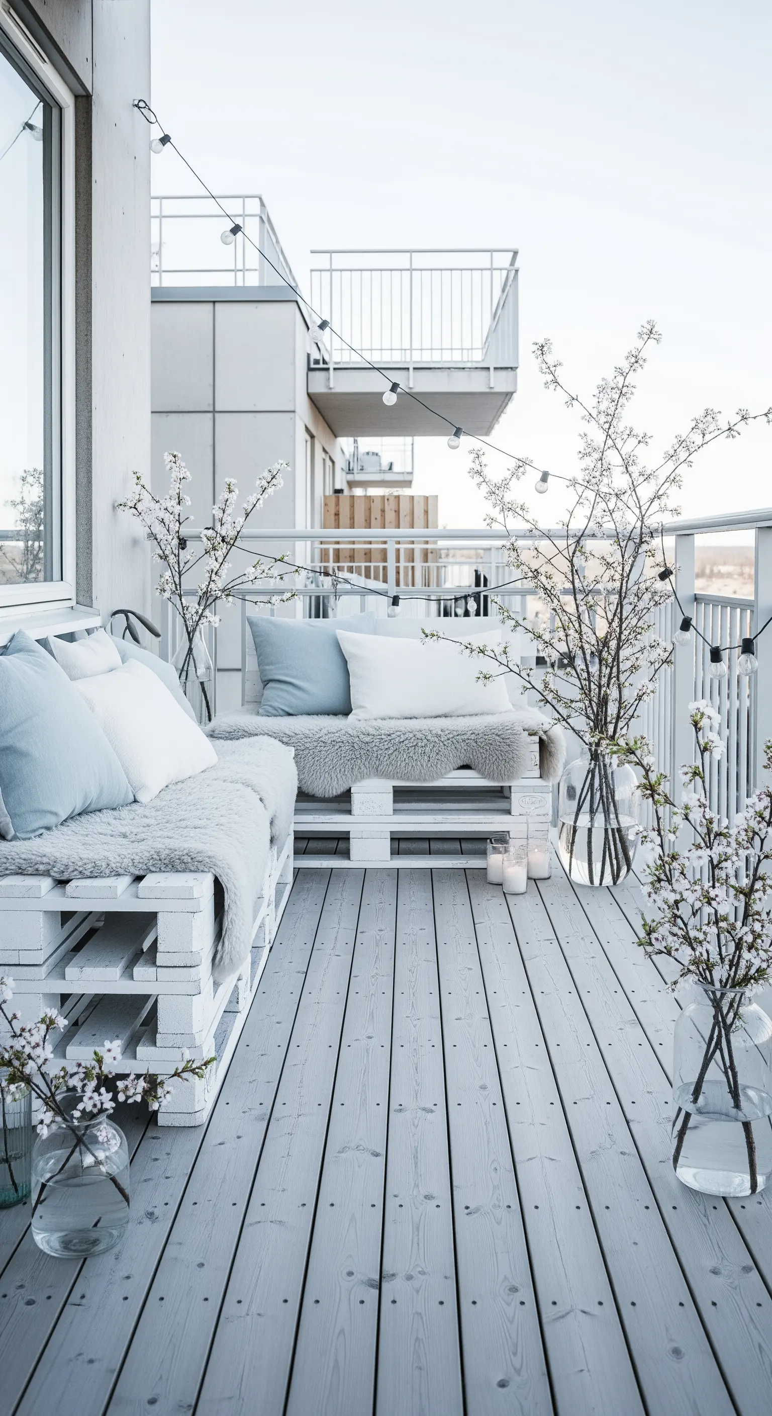 Skandi Balkon, Palettenmöbel, Kunstfell, Kirschblüten, Lichterkette, hell
