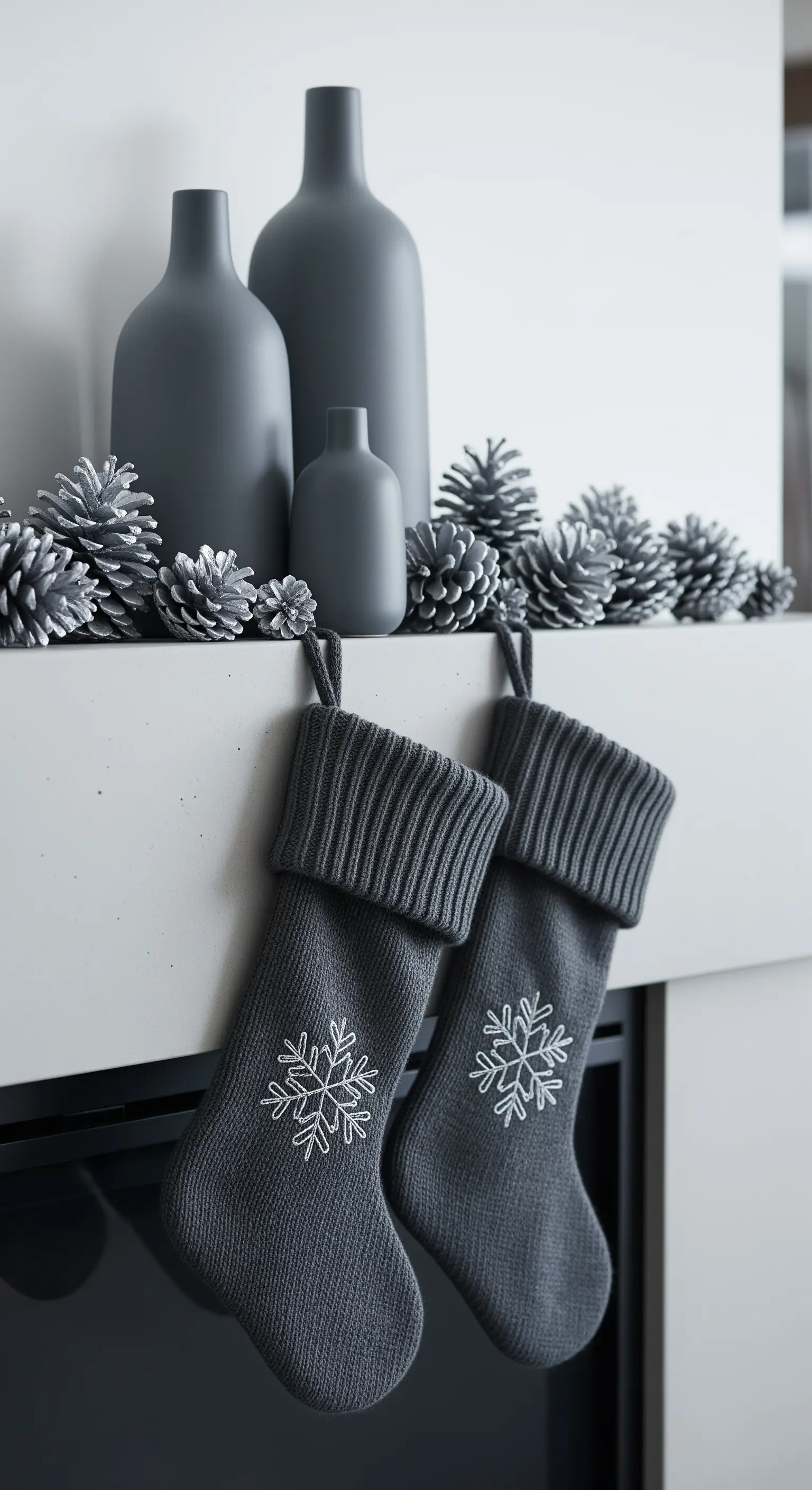 Grauer Kamin mit grauen Vasen, geflockten Tannenzapfen und Schneeflocken-Strümpfen