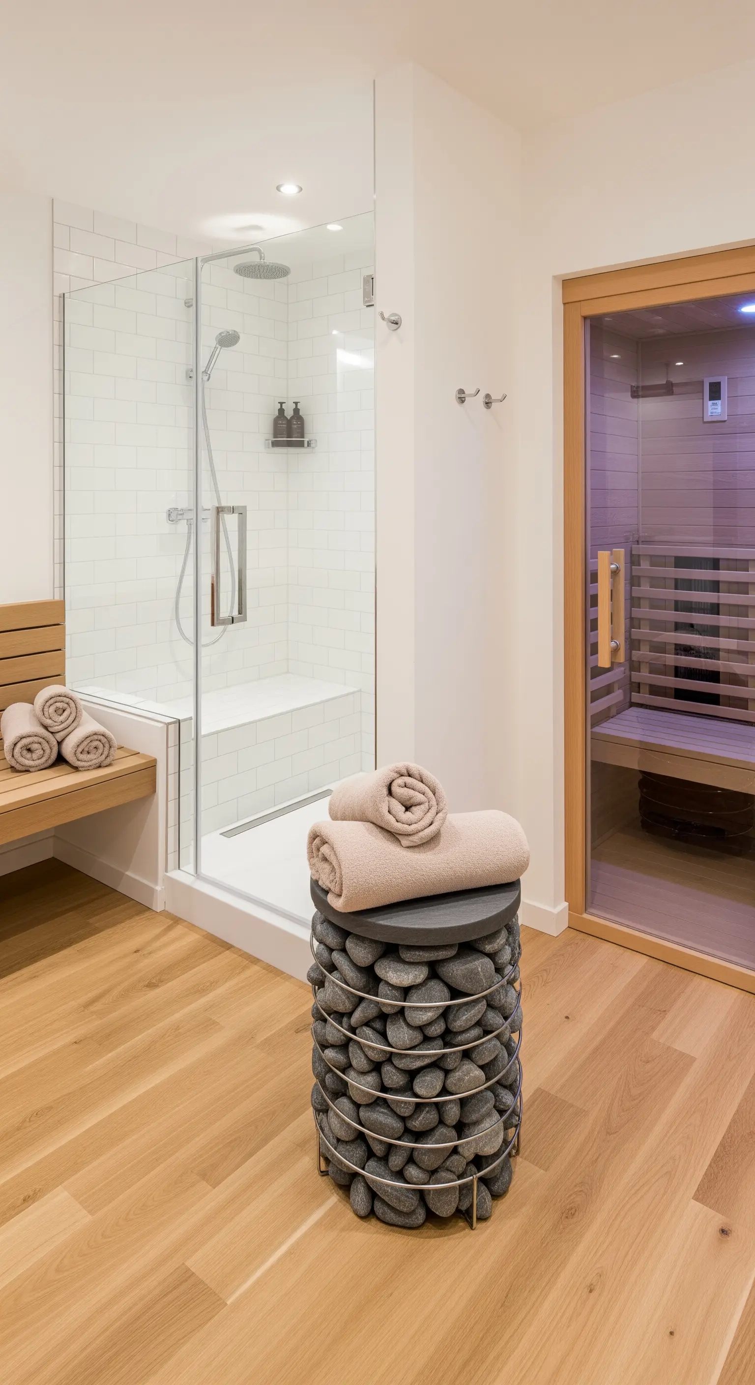 Runder Hocker aus Kieselsteinen und Holz als Handtuchablage in einem skandinavischen Spa.