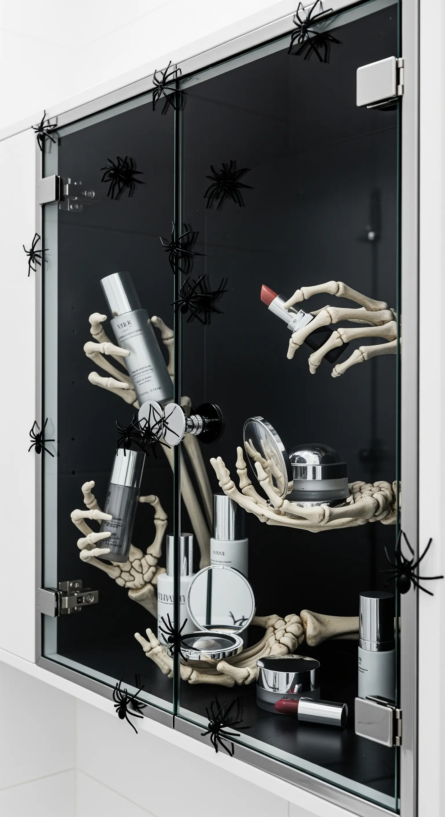 Badezimmerschrank mit Skeletthänden, Kosmetik und Spinnen-Deko
