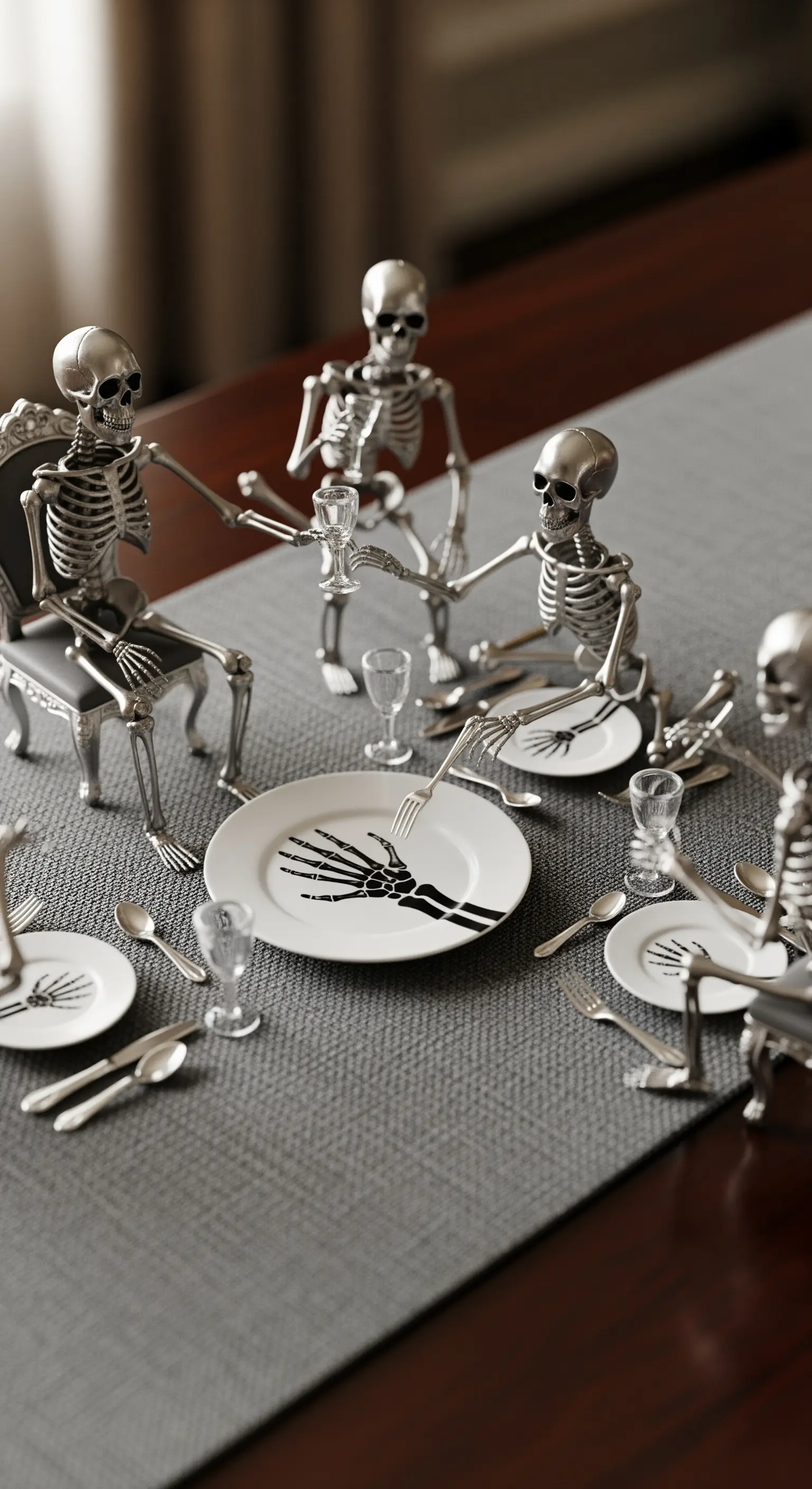 Humorvolle Halloween Tischdeko mit Skelettfiguren und minimalistischem Gedeck