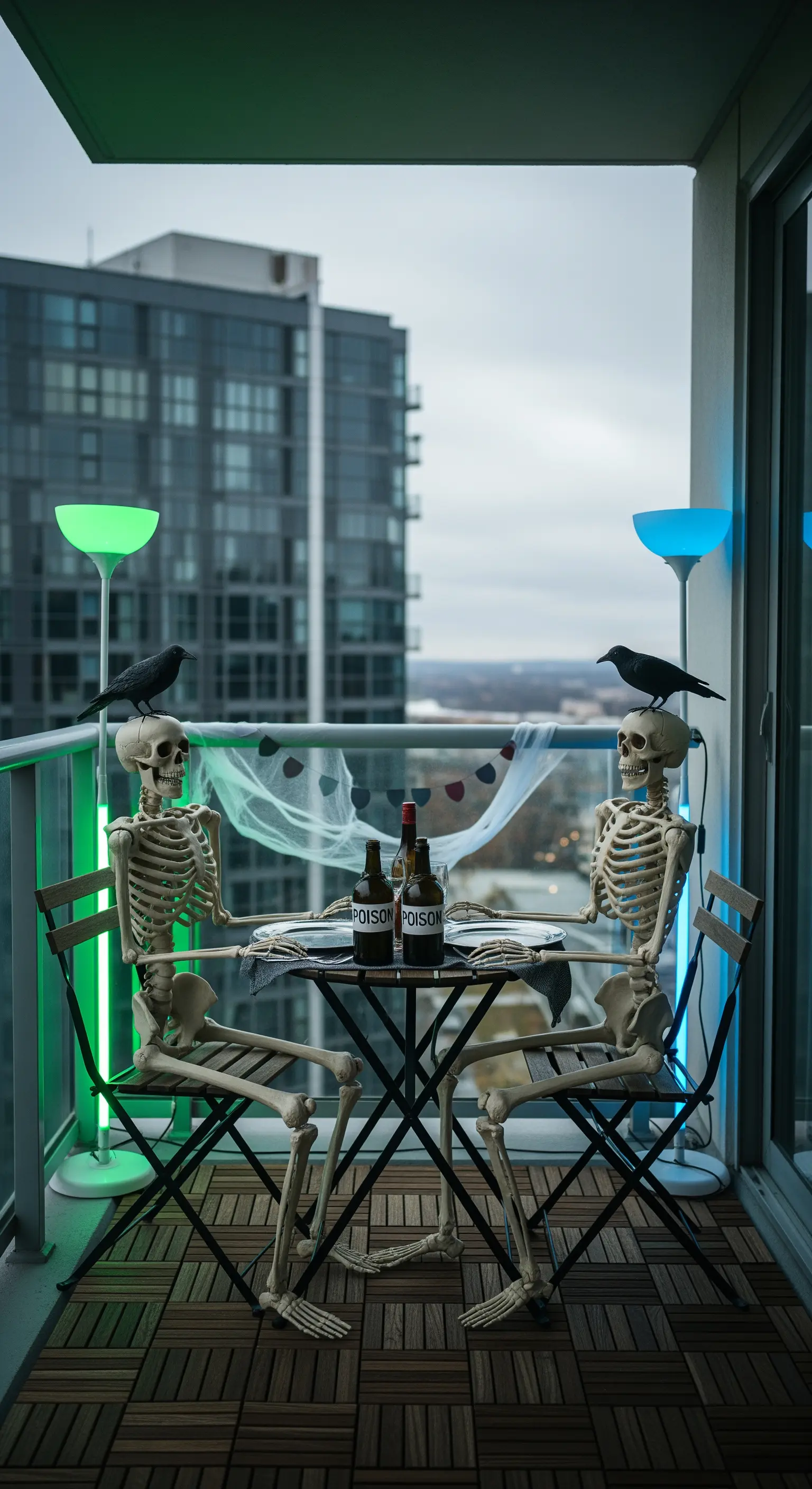 Balkon mit zwei Skeletten an einem Tisch, beleuchtet von grünen und blauen Neon-Stehlampen, mit Raben.