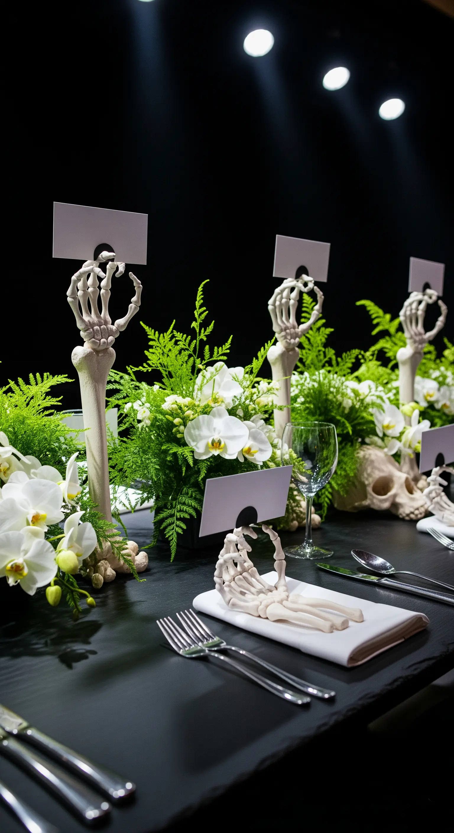 Elegante Halloween Tischdeko mit Skelett-Händen, Orchideen und Farngewächsen
