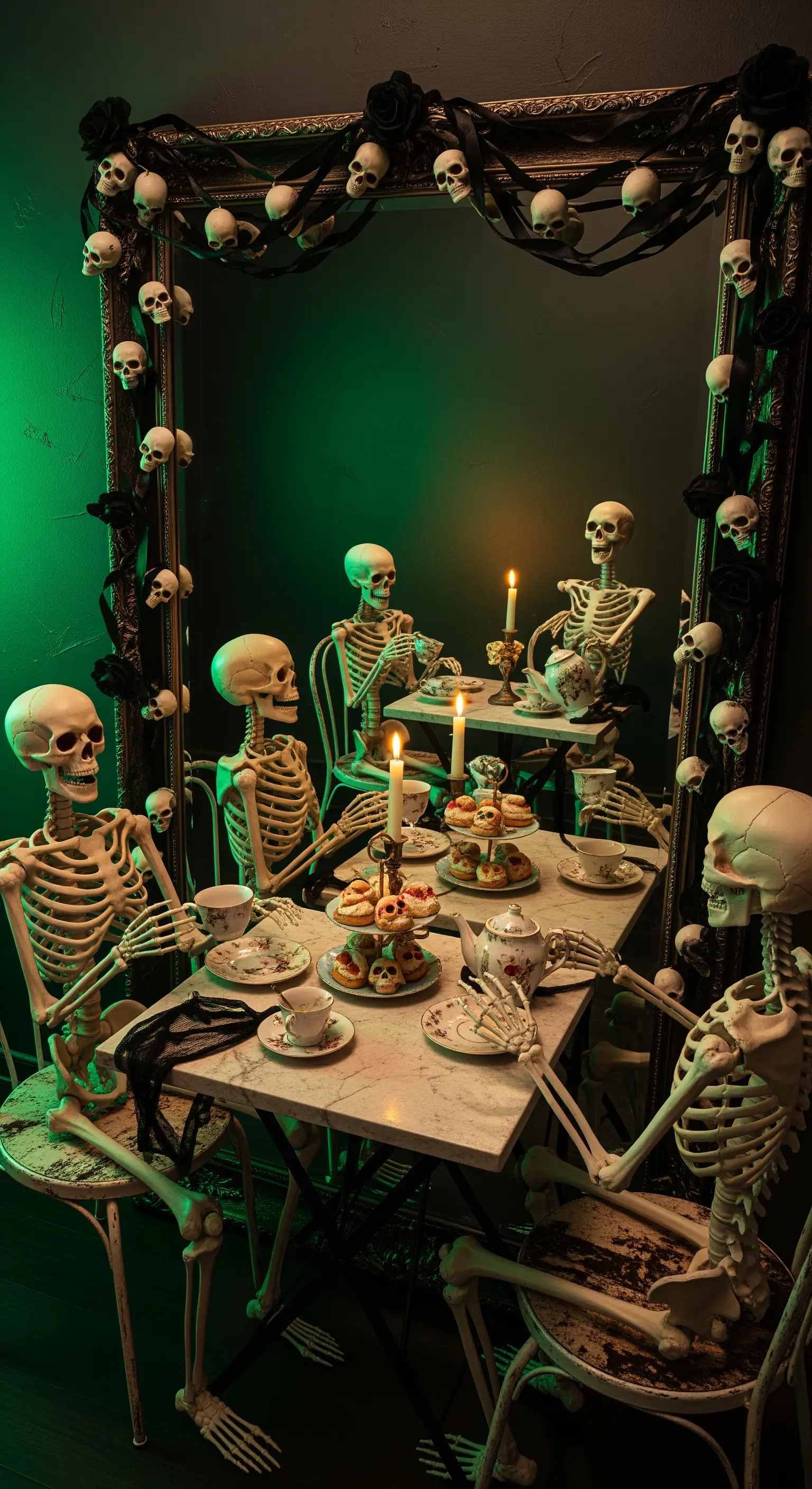 Ornatischer Spiegel mit Totenkopf-Girlande, Skelett-Figuren bei einer Teeparty