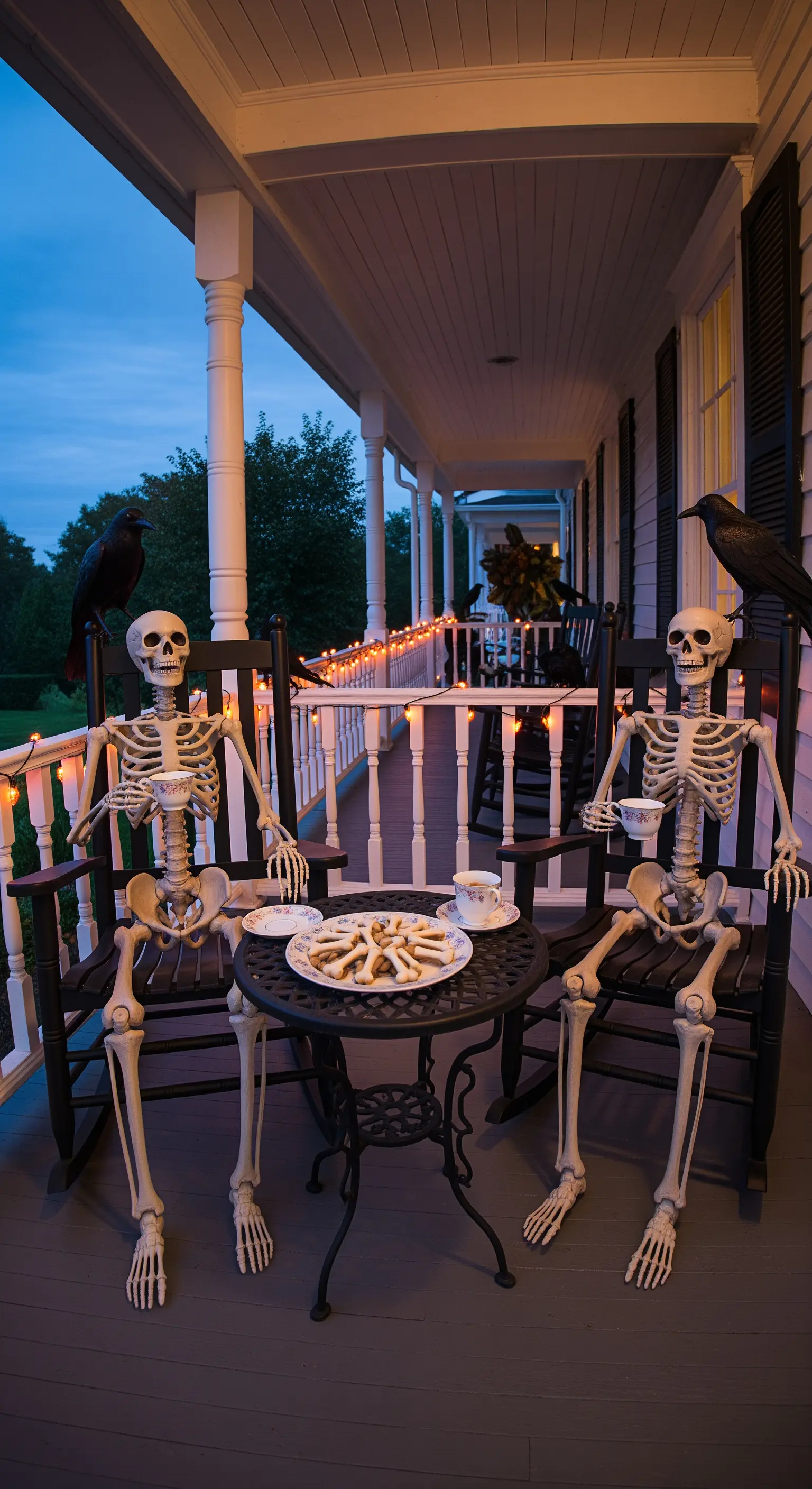 Skelette halten Teestunde auf der Veranda mit Raben und Lichterketten bei Dämmerung.