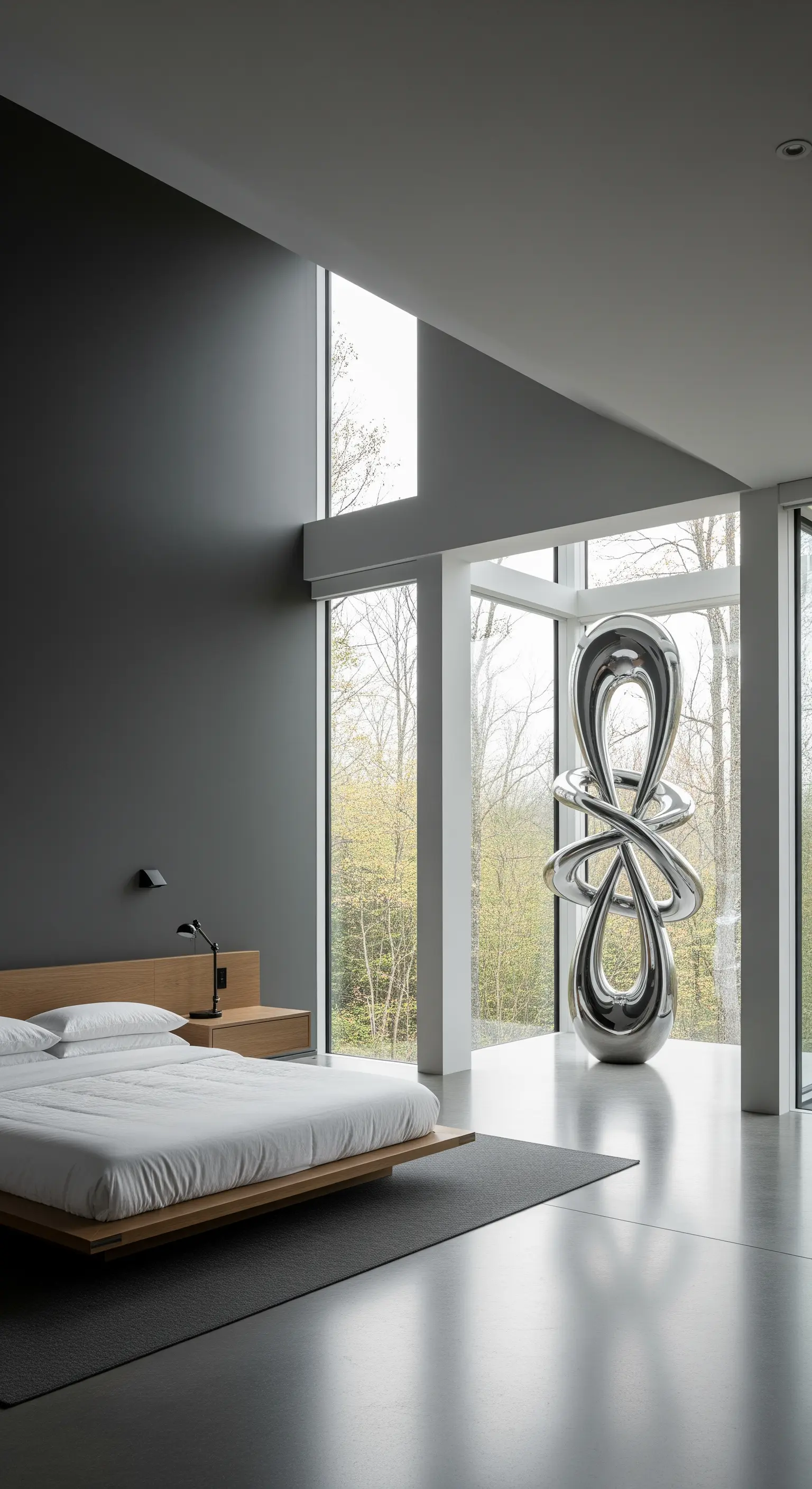 Moderne Chrom-Skulptur vor bodentiefem Fenster in einem minimalistischen Schlafzimmer.