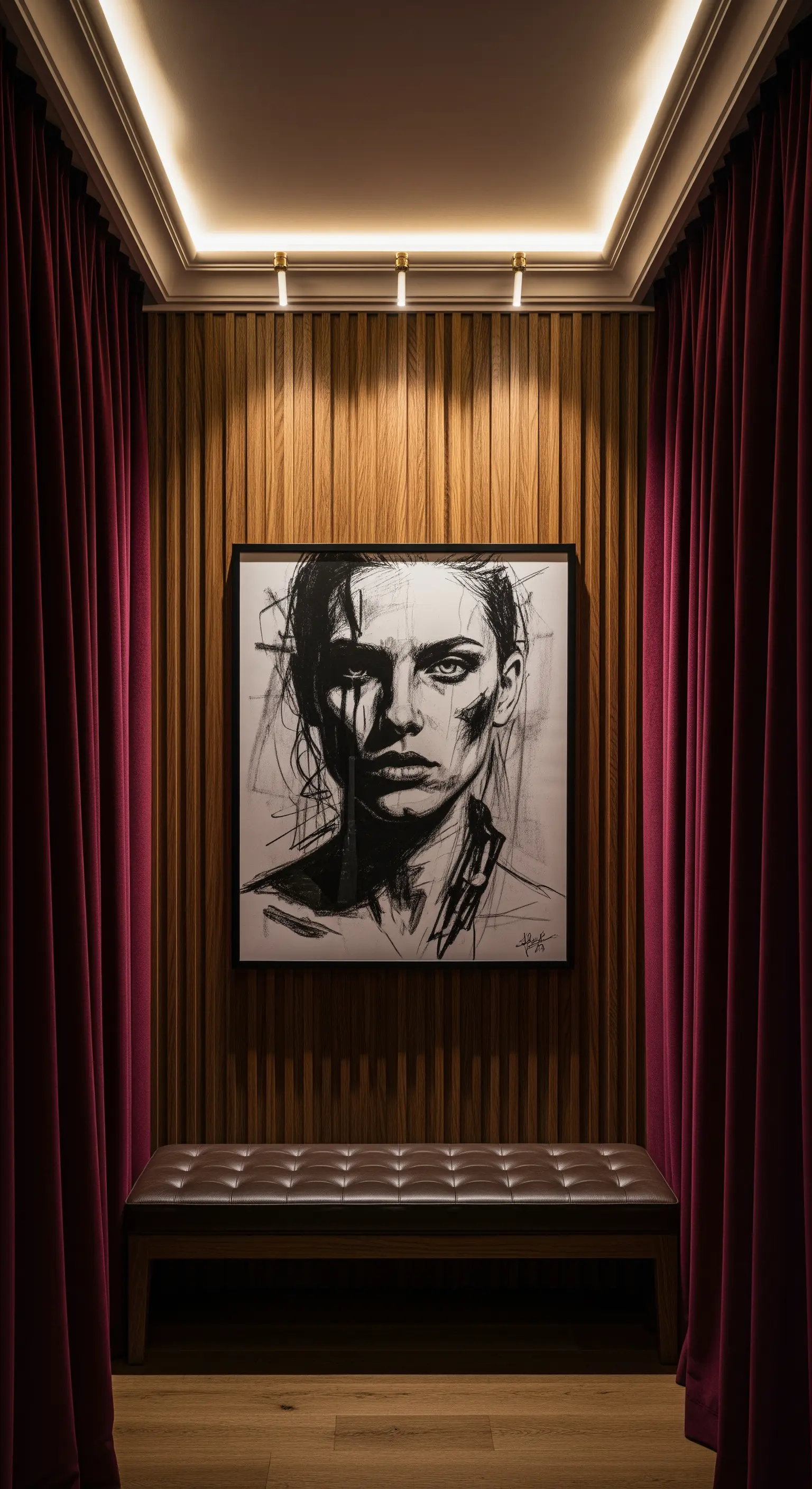 Schwarz-goldene Skulptur in beleuchteter Wandnische