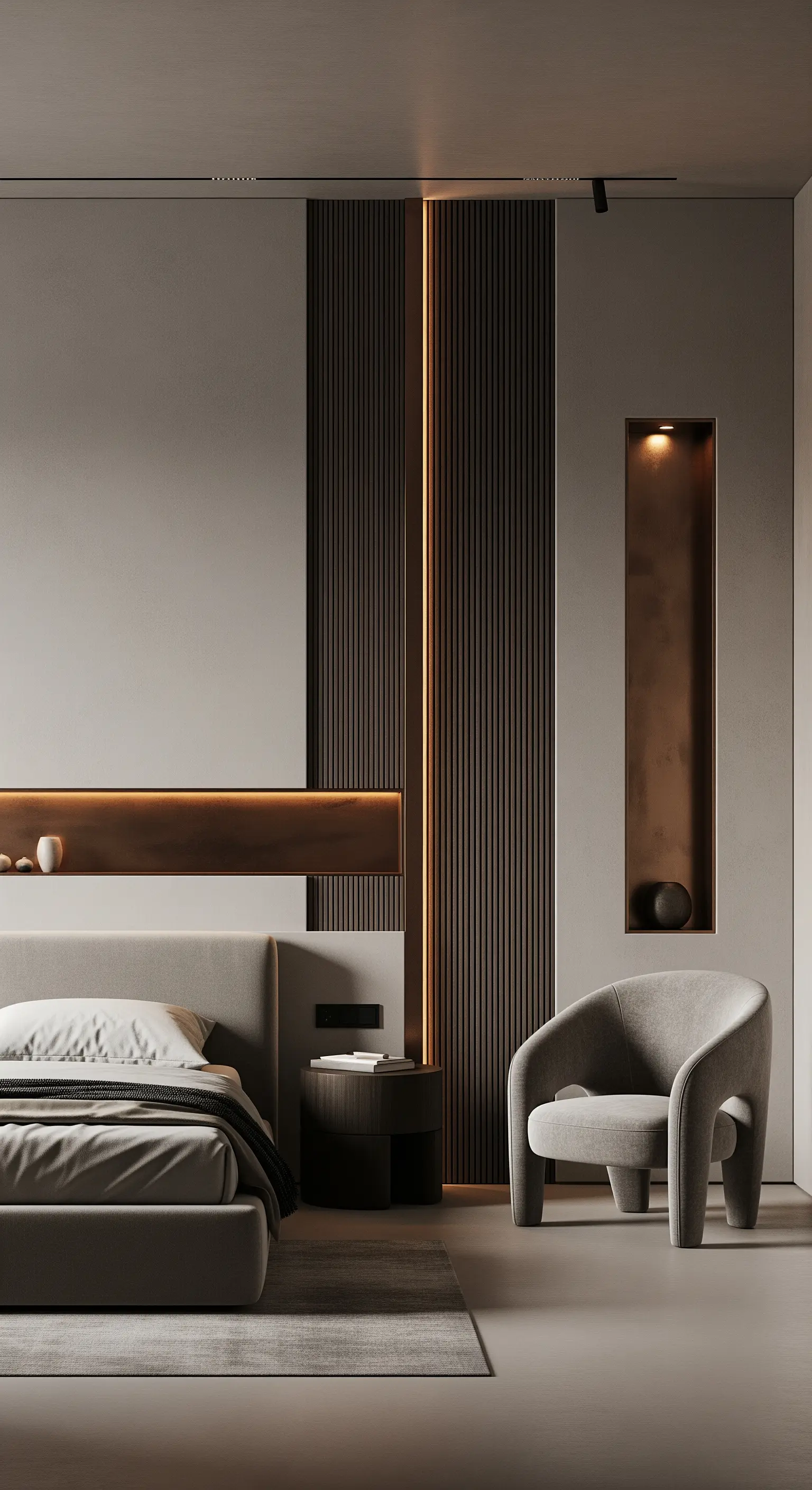 Moderne Wandgestaltung mit dunklen Holzlamellen, glatten Flächen und integrierter LED-Beleuchtung.