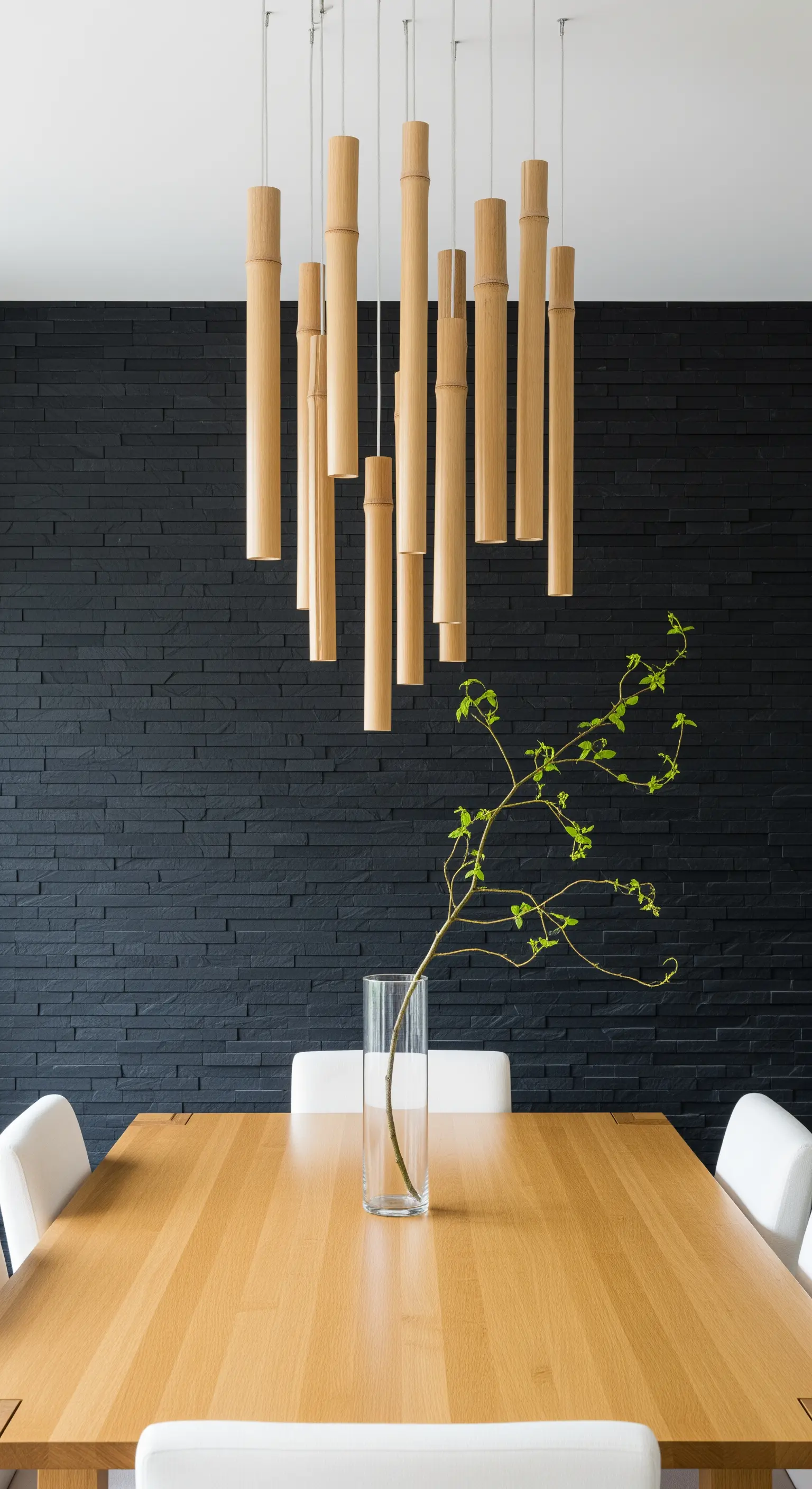 Esszimmer mit skulpturaler Bambus-Hängeleuchte und dunkler Ziegelwand