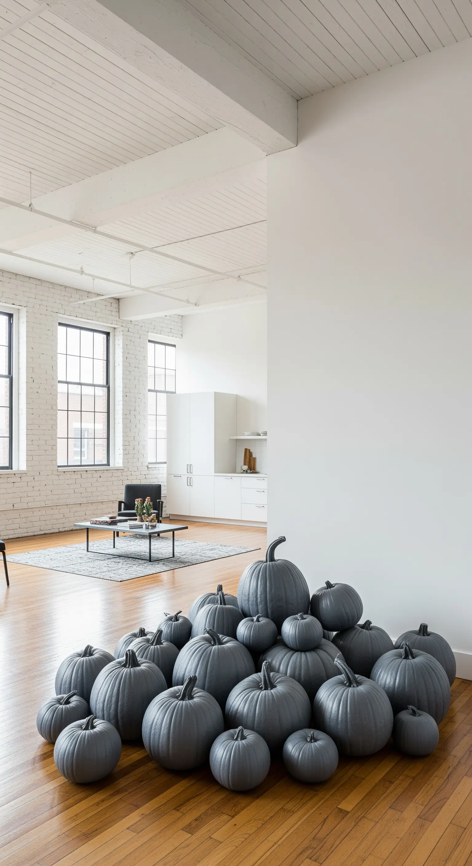 Boden-Installation aus grauen Kürbissen in einem Loft