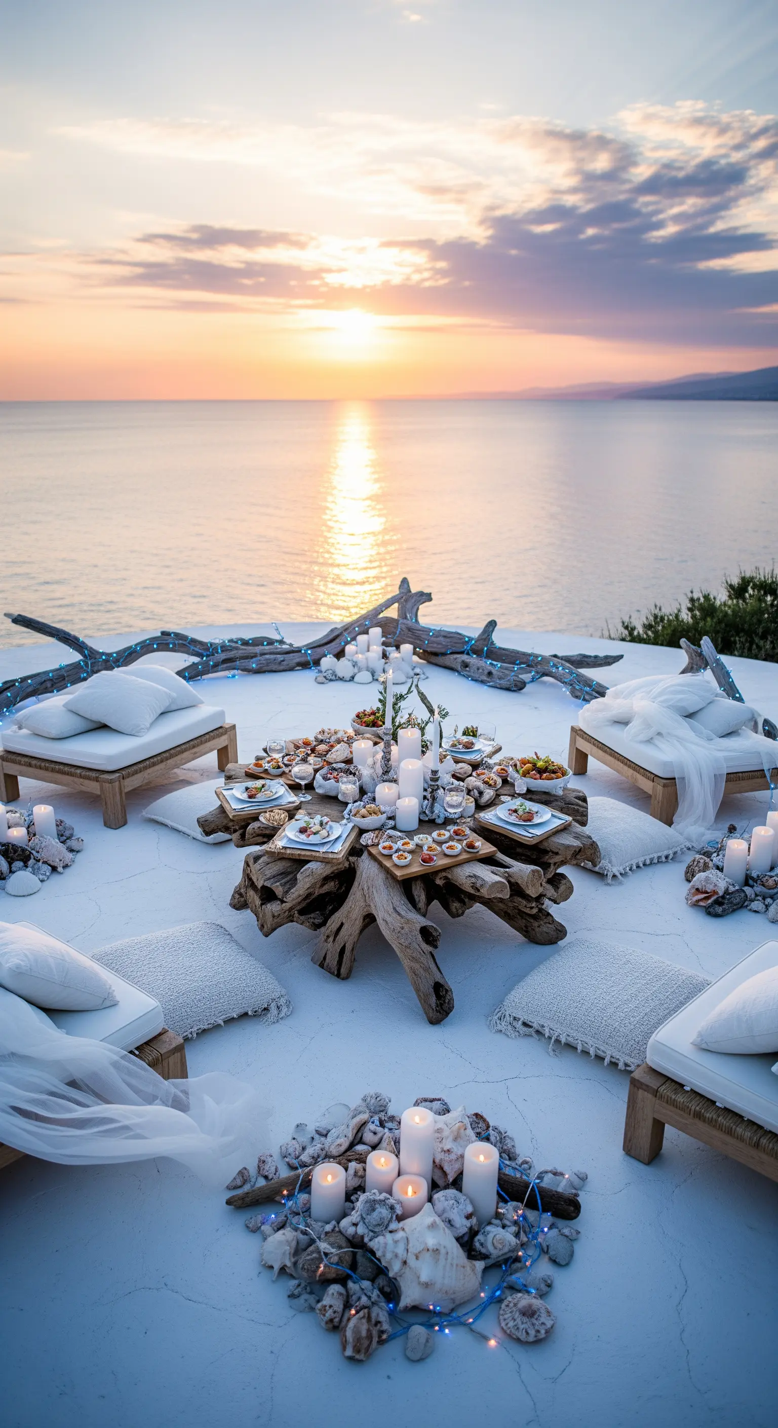 Stranddeko mit Treibholz-Tisch, weißen Liegen, Kerzen und Muscheln bei Sonnenuntergang