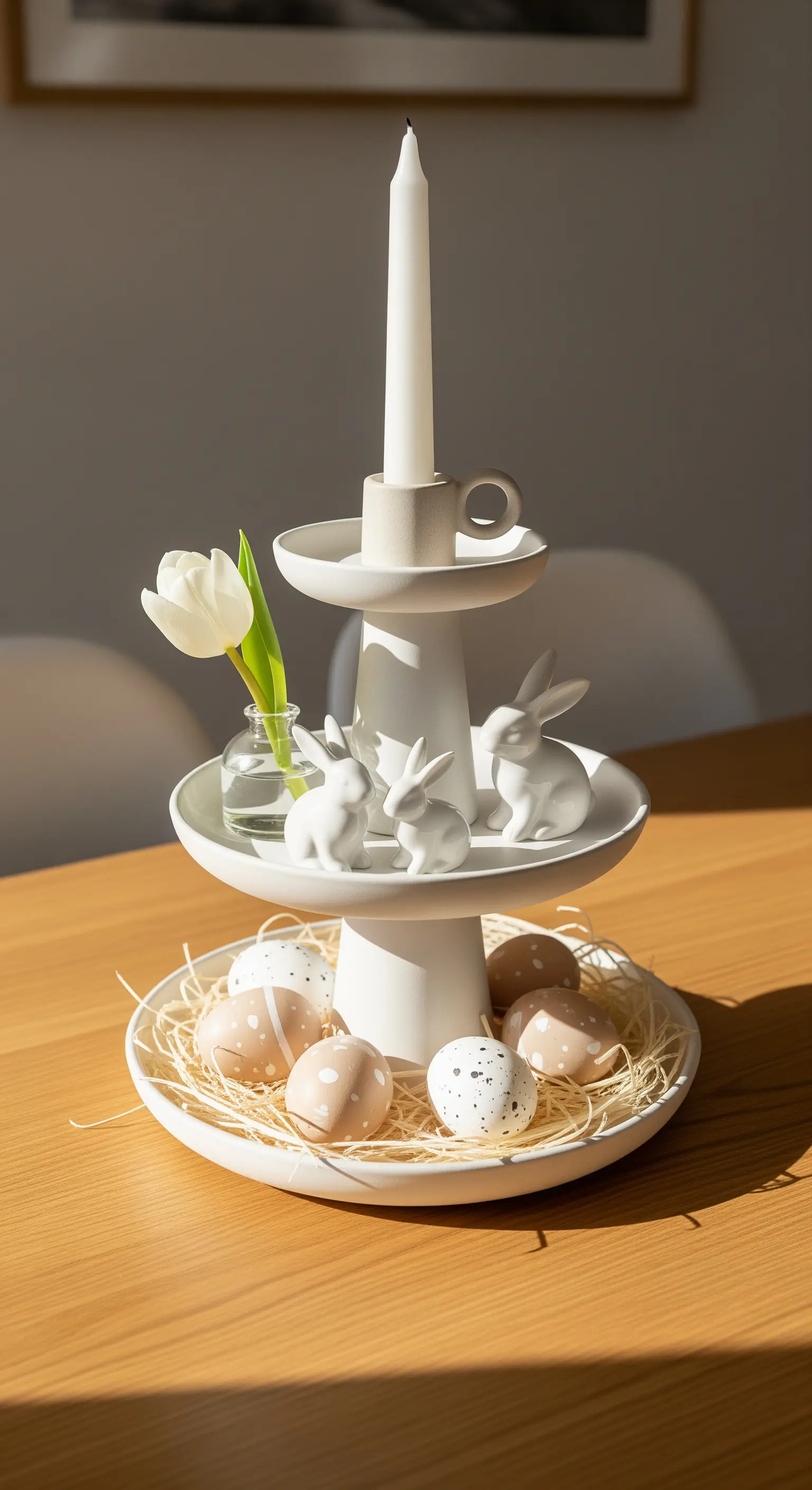Moderne Etagere in Weiß mit minimalistischer Osterdeko: Hasen, Eier und eine einzelne Tulpe.