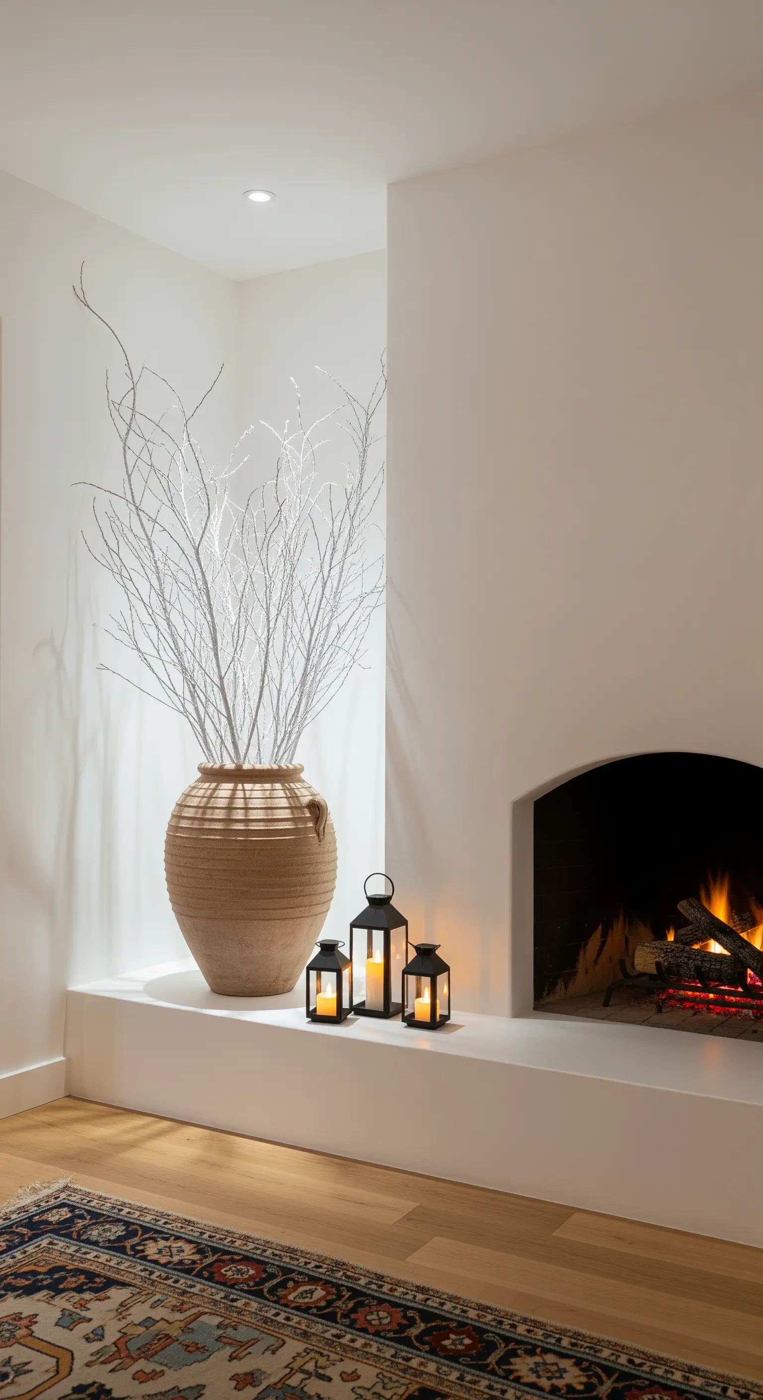 Eckkamin mit einer großen Vase mit weißen Zweigen und zwei schwarzen Laternen.