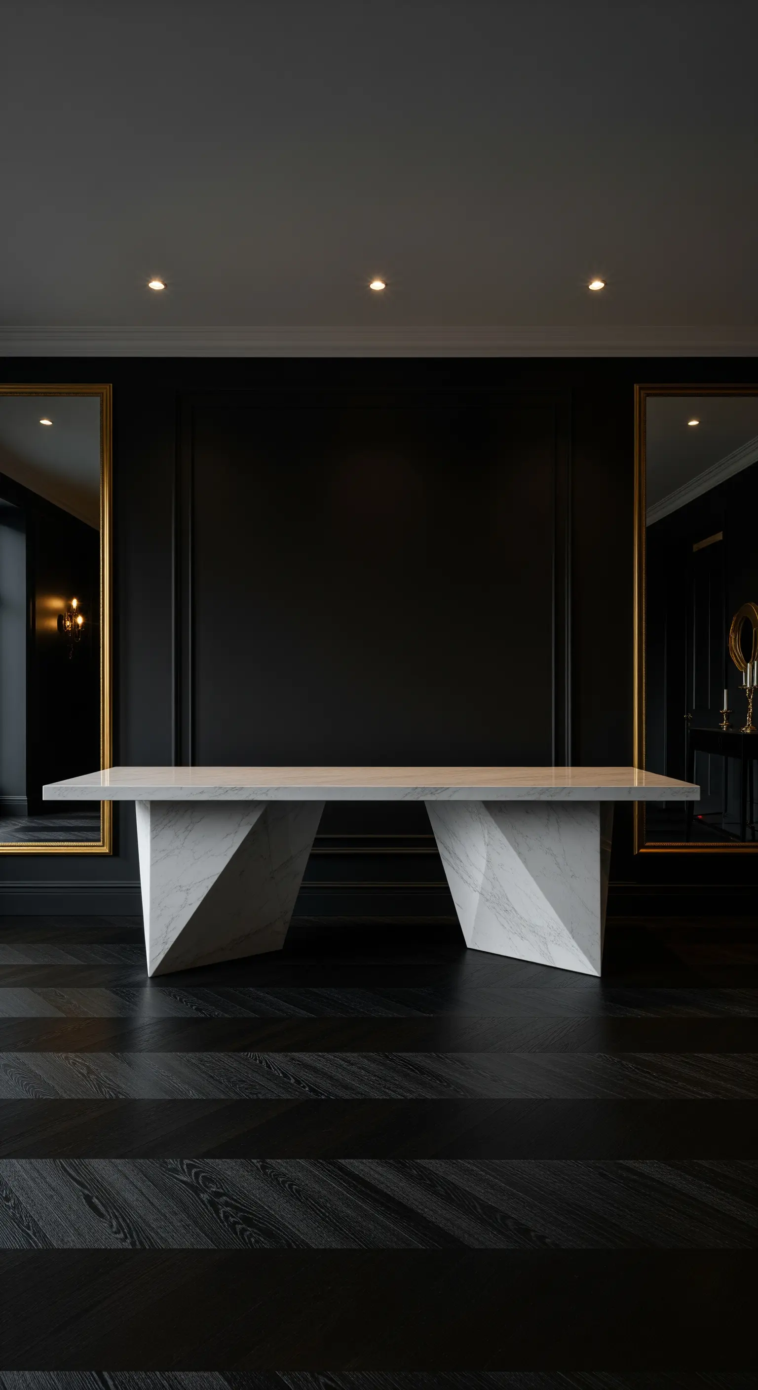 Geometrischer Marmorkonsolentisch in einem dunklen Raum mit goldgerahmten Spiegeln