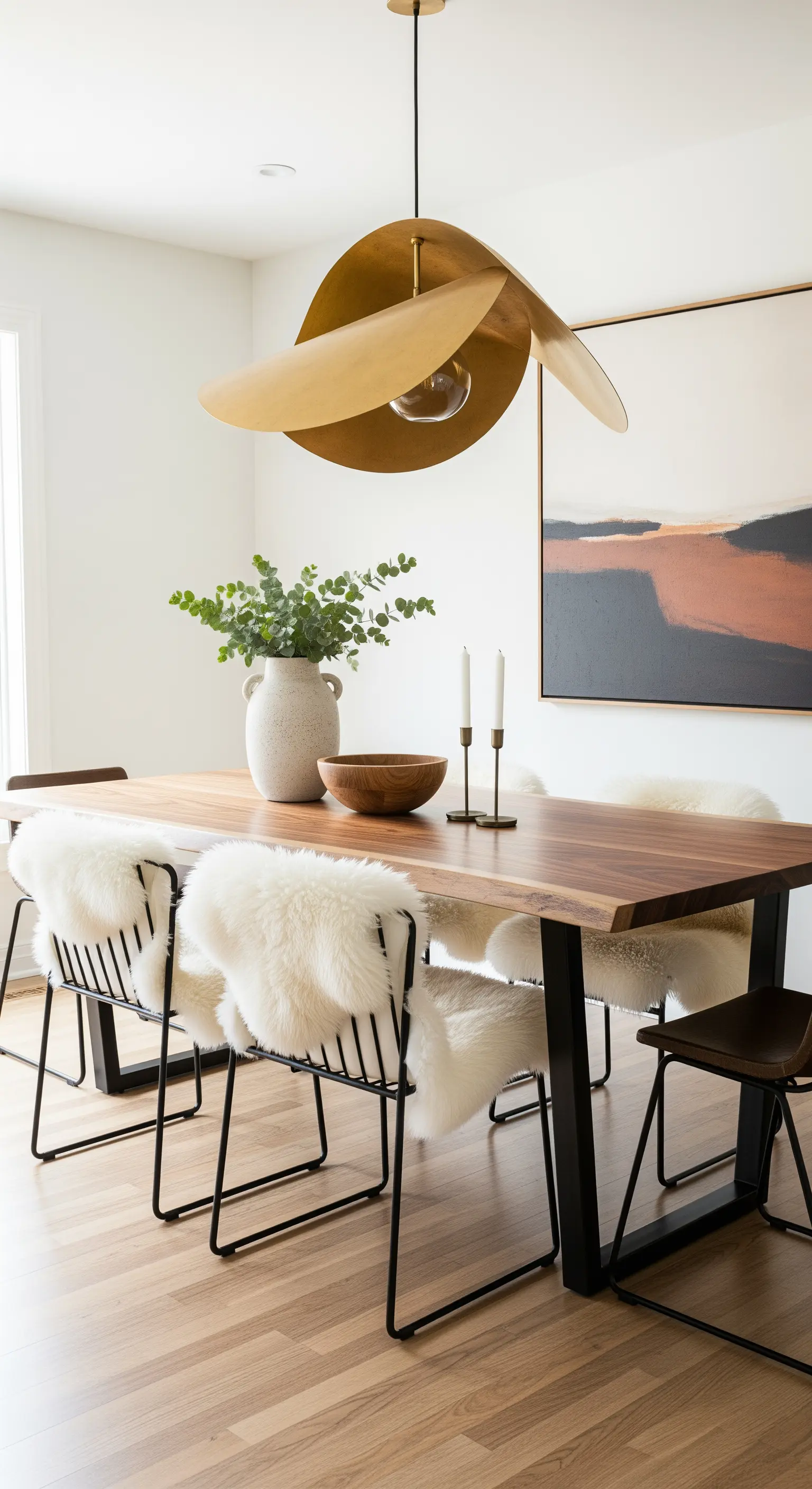 Moderner Boho-Esstisch mit Lammfellen auf Metallstühlen und einer Messing-Lampe.