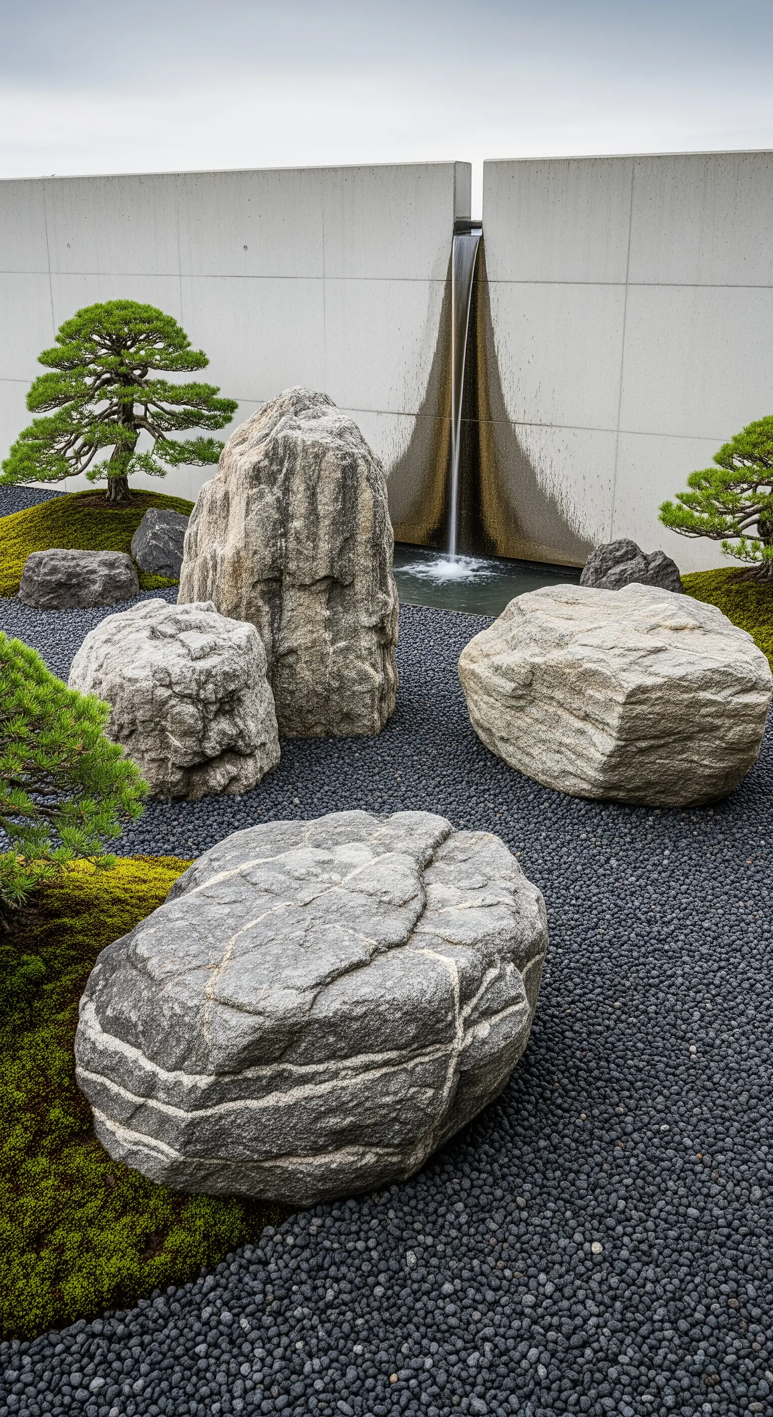 Minimalistischer Steingarten mit grossen Felsblöcken, Moos und dunklem Kies.