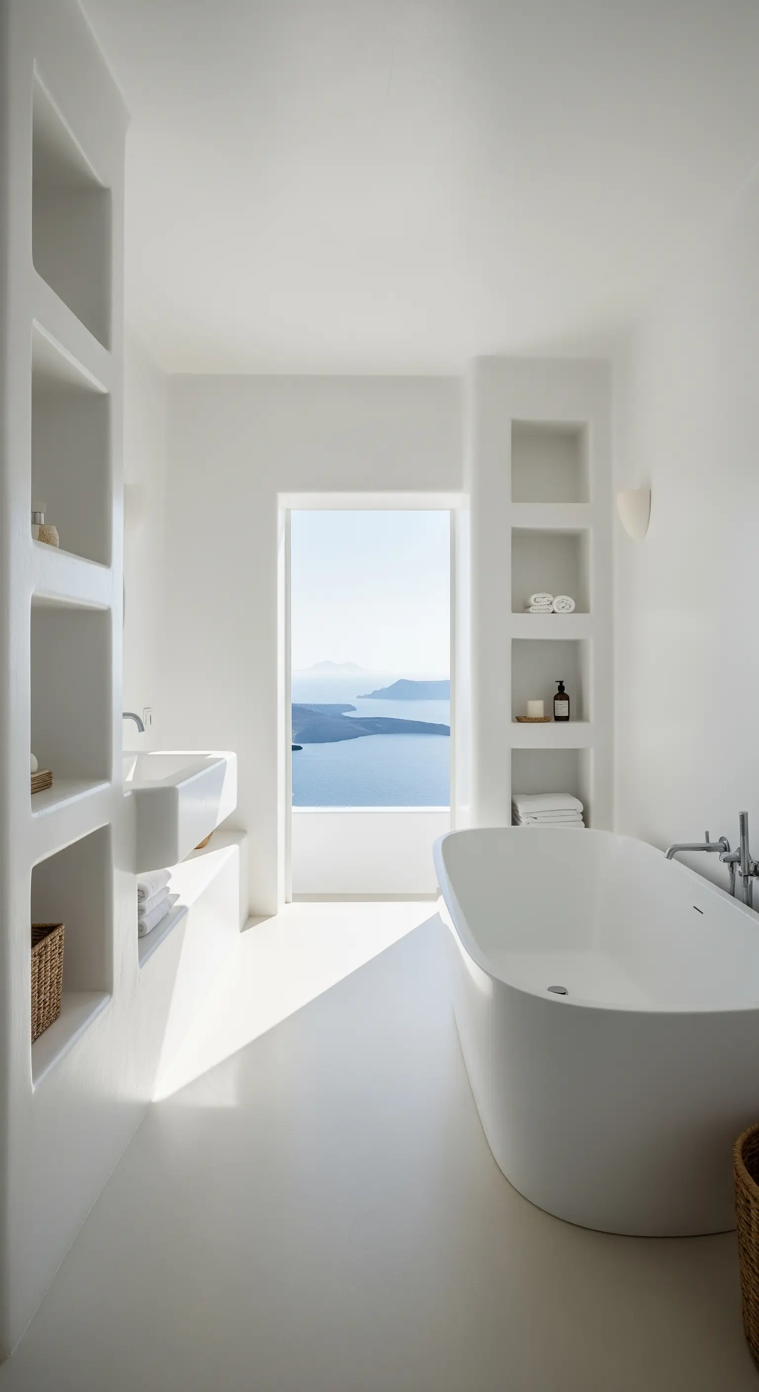 Minimalistische weiße Badewanne in einem komplett weißen Badezimmer mit integrierten Nischen.