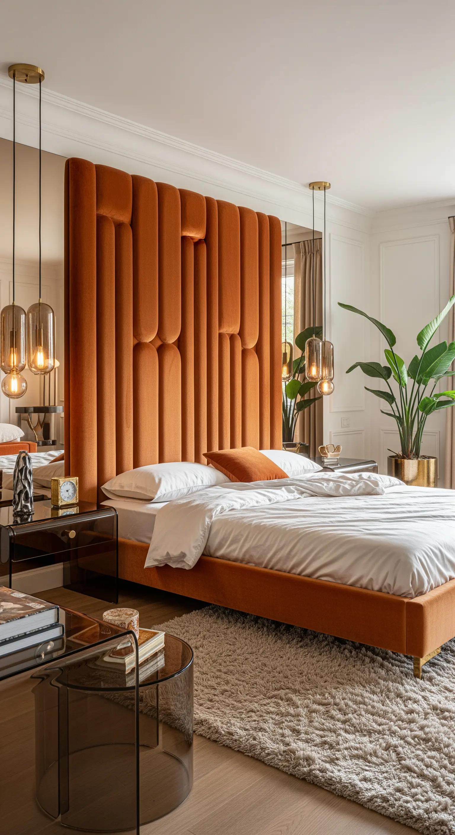 Hohes, skulpturales Kopfteil aus rostbraunem Samt mit unterschiedlich hohen, runden Paneelen