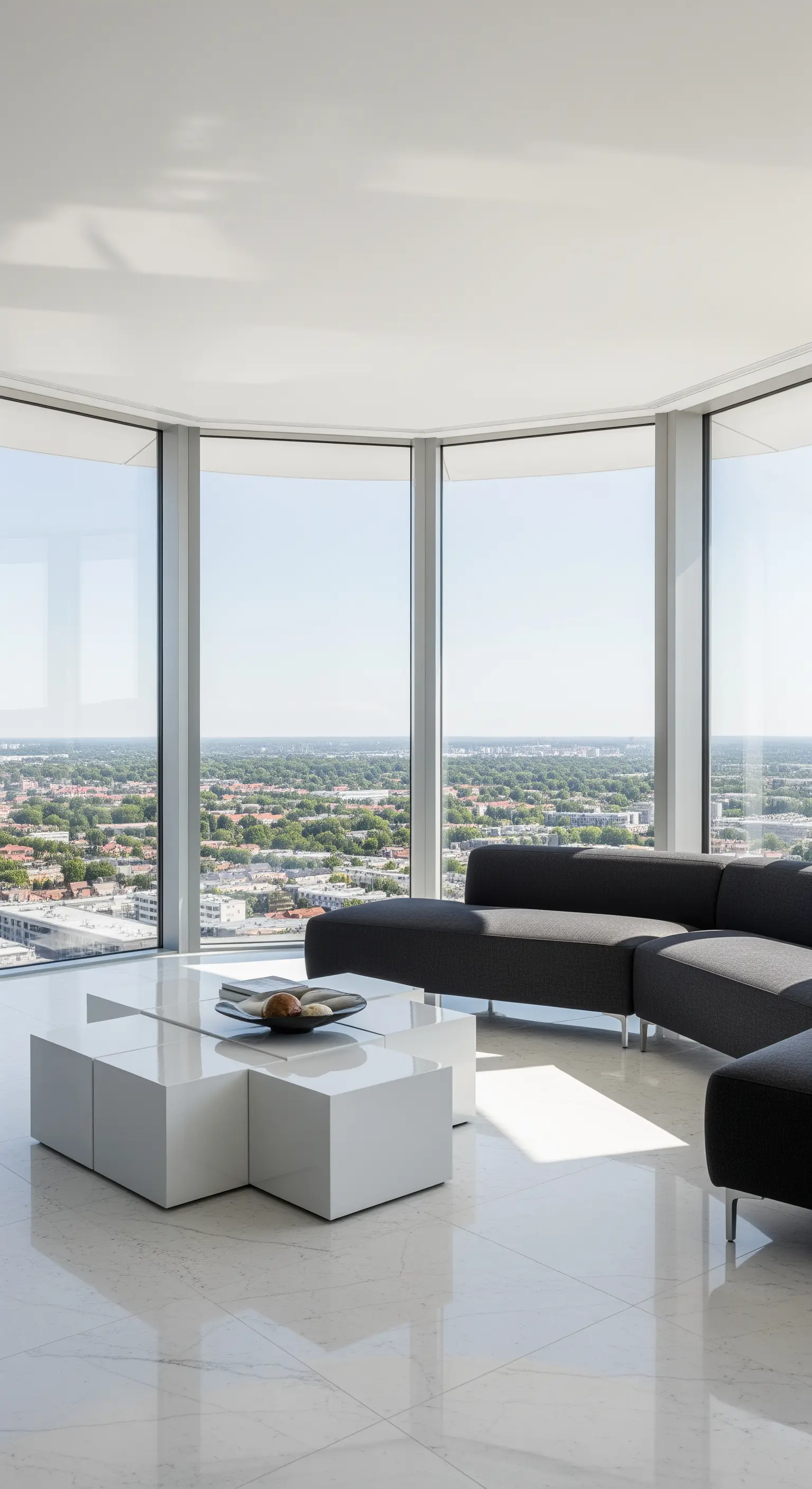 Weißer, geometrischer Hochglanz-Couchtisch in einem Penthouse mit bodentiefen Panoramafenstern.