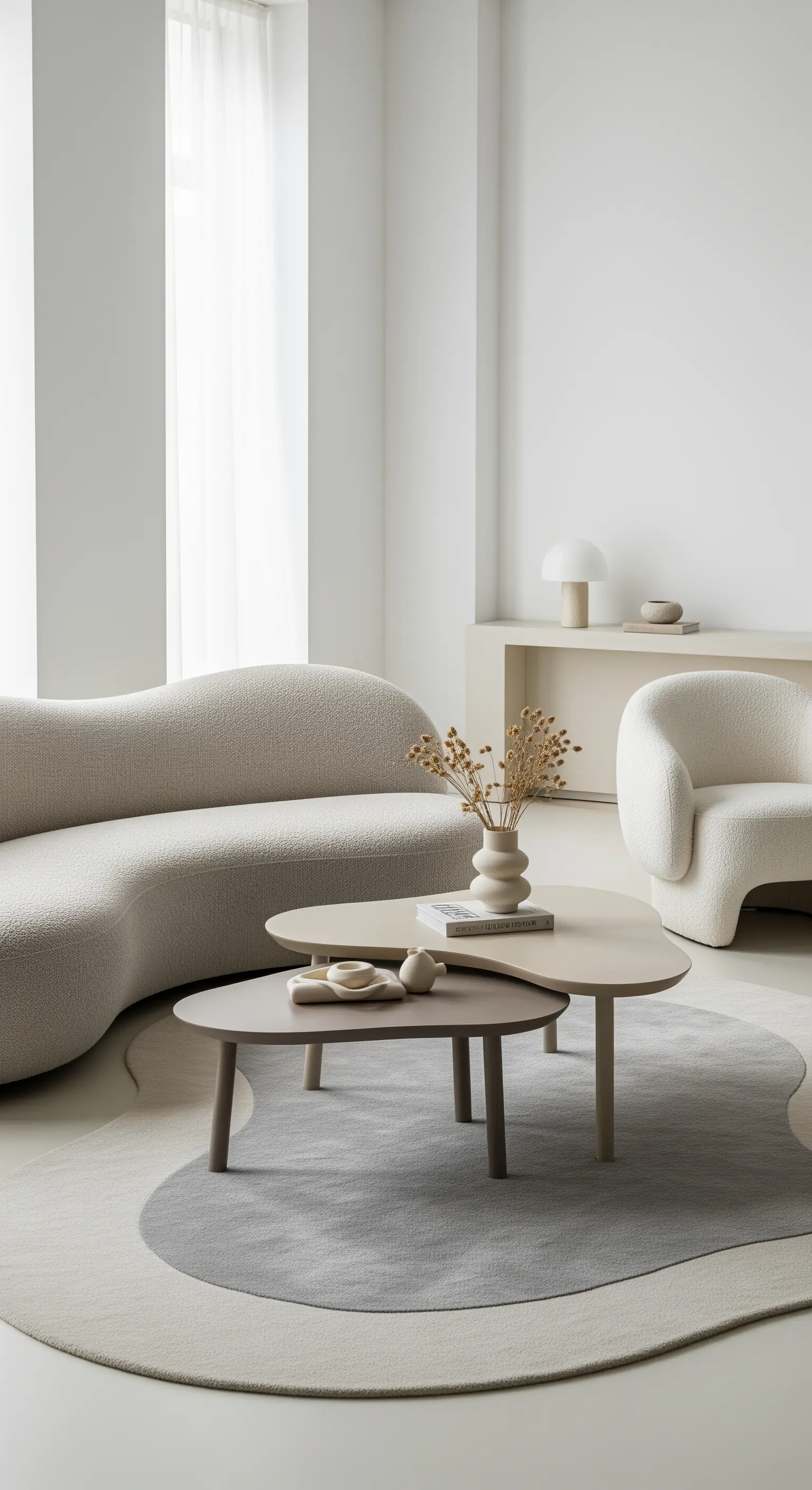 Minimalistisches Wohnzimmer mit skulpturalen, abgerundeten Möbeln auf einem Teppich mit organischer Form.