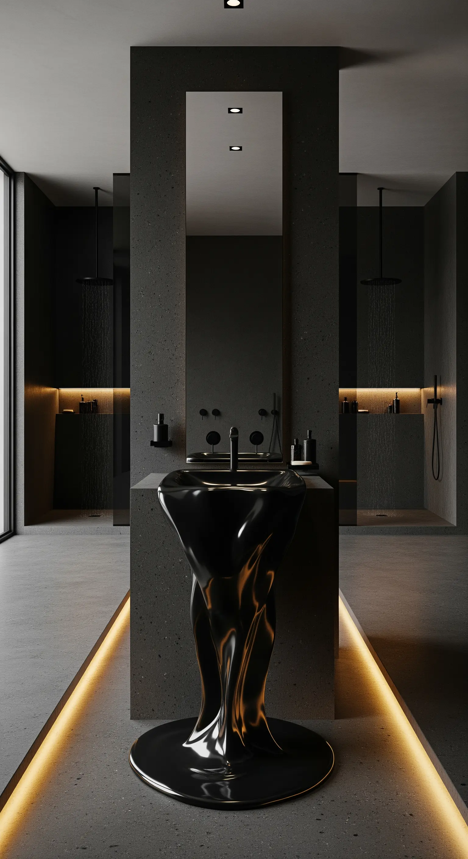 Dunkles Bad, schwarzes, fließendes Waschbecken, goldene Boden-LEDs, Betontöne