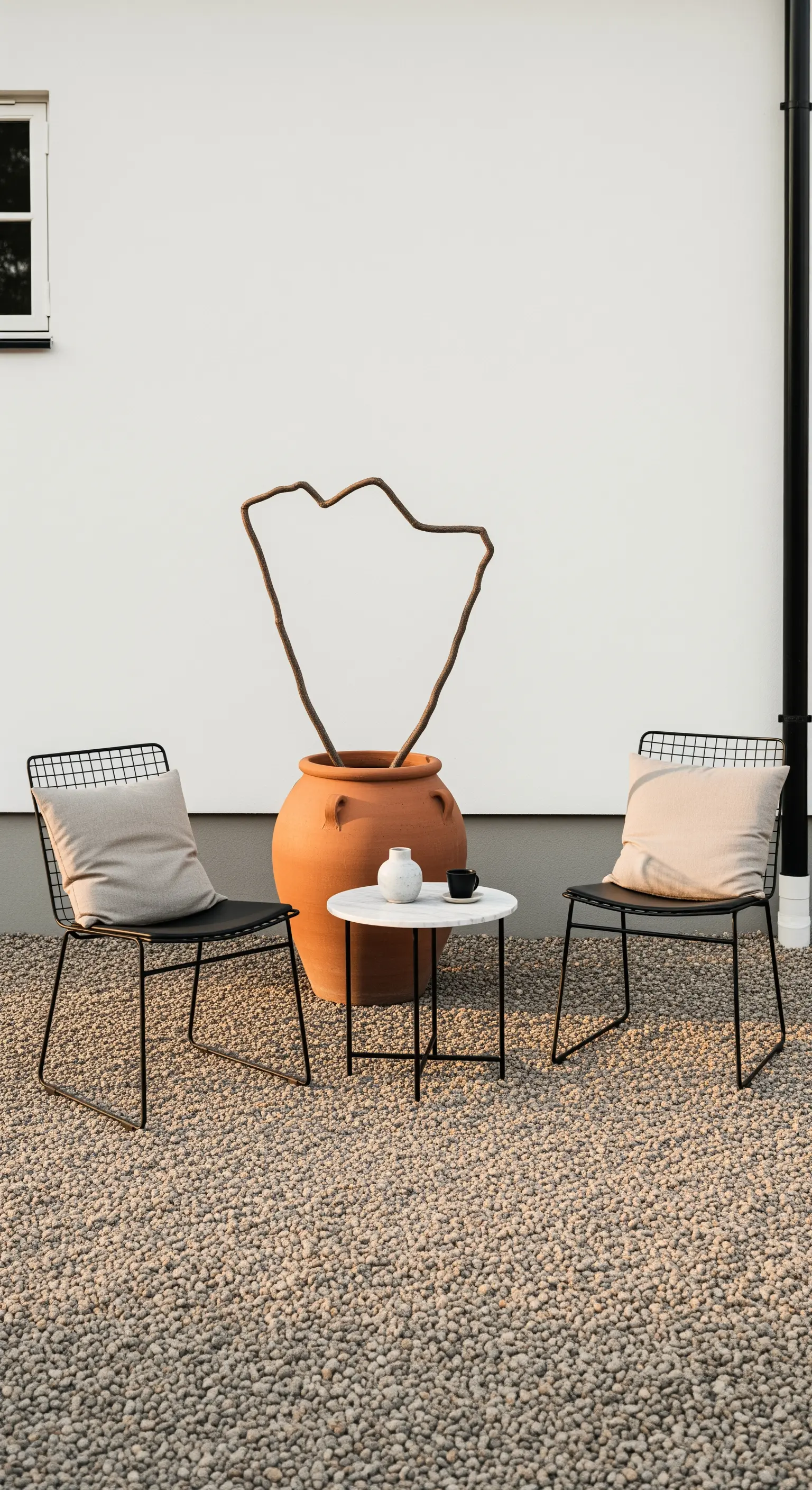 Japandi Kaffeeecke mit Terrakotta-Vase und Metallstühlen
