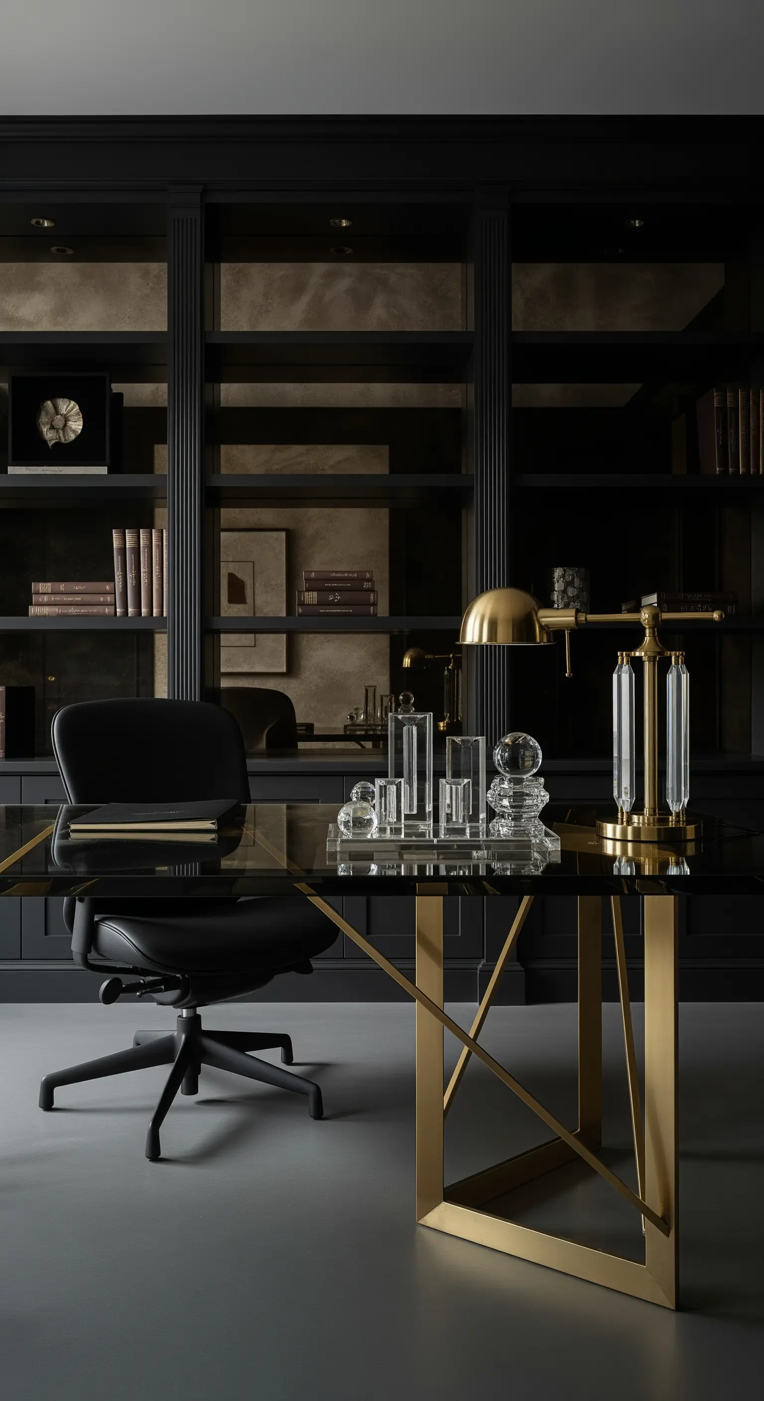 Sammlung geometrischer Kristallobjekte und eine Messinglampe auf einem dunklen Glastisch.