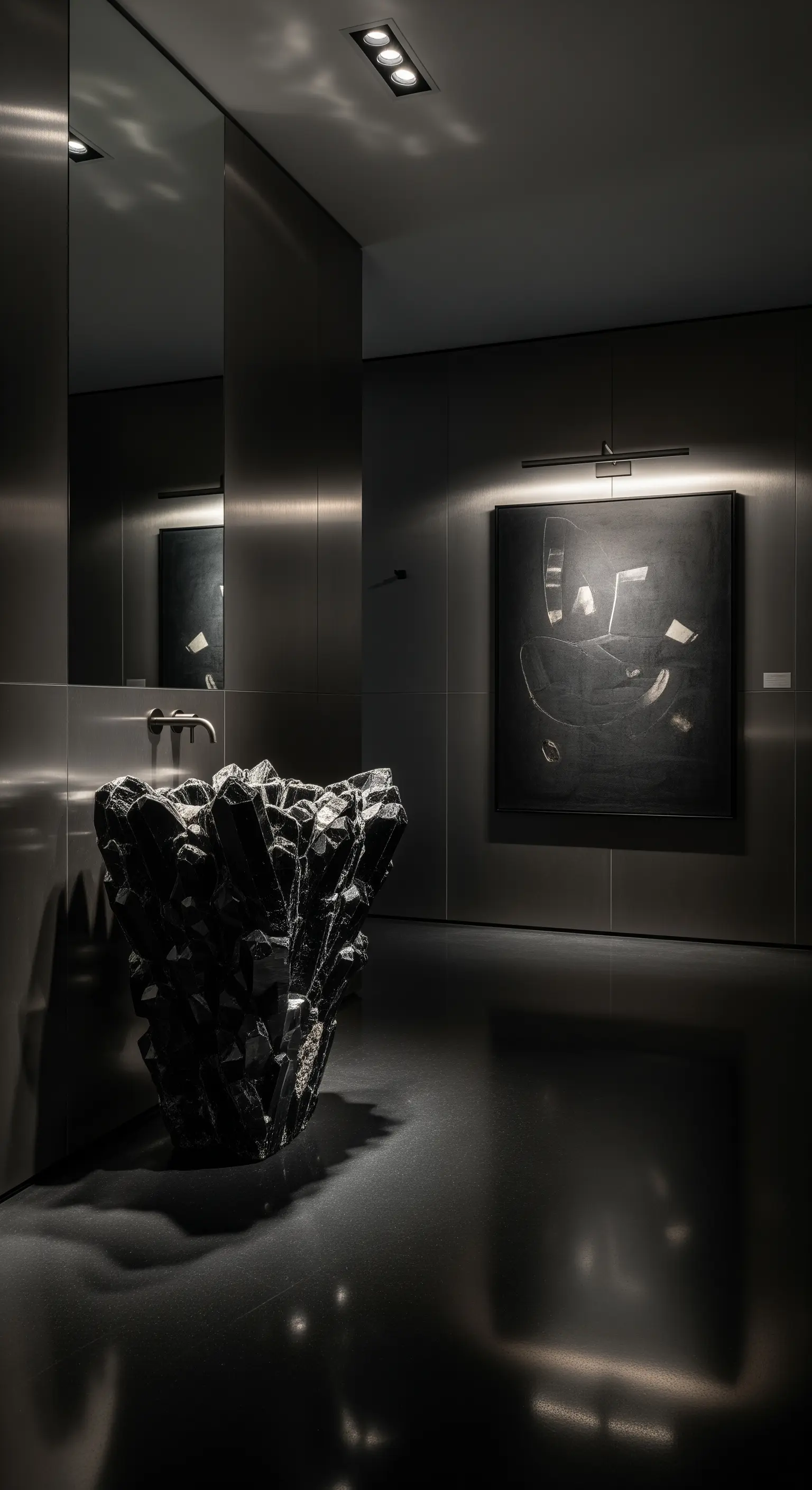 Dunkles Bad, facettenreiches schwarzes Waschbecken, abstraktes Kunstwerk