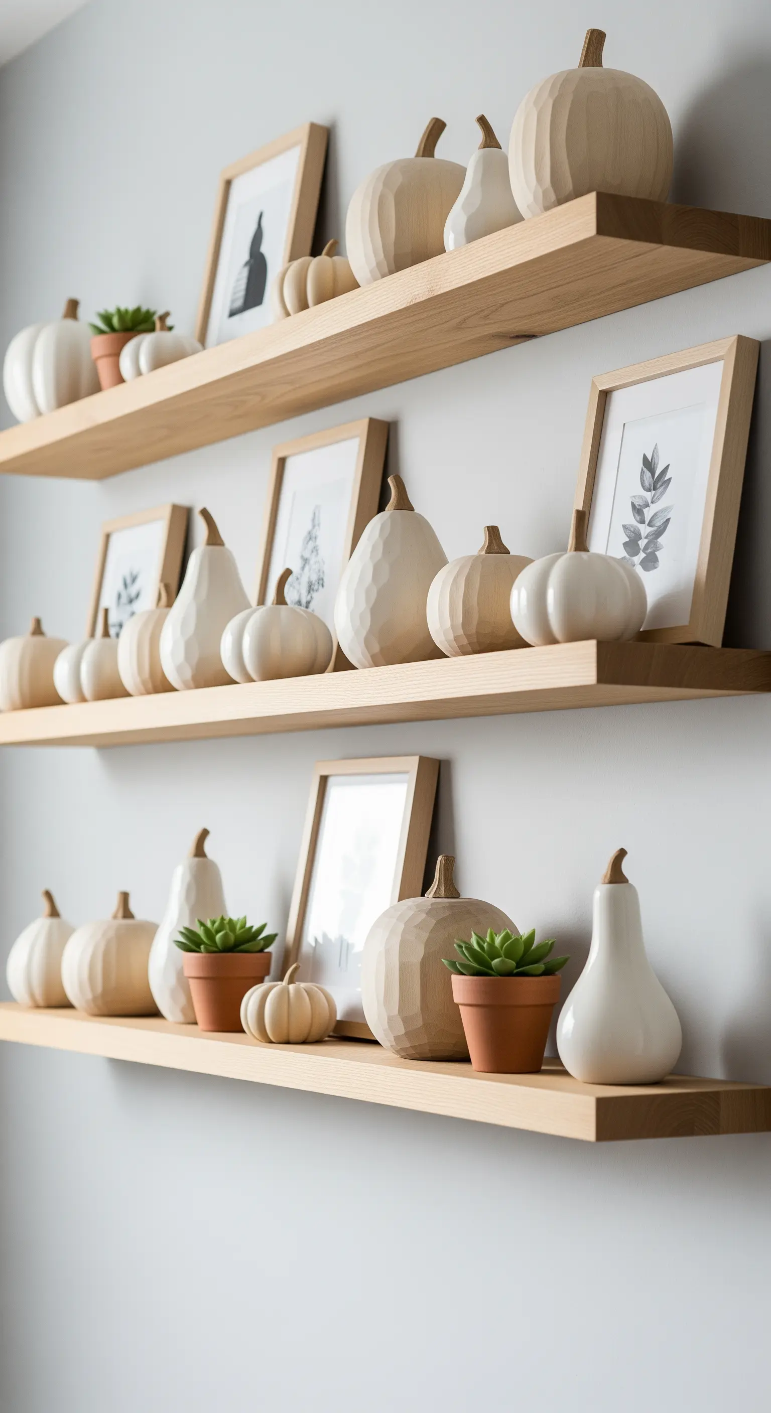 Wandregale mit einer Sammlung von Deko-Kürbissen aus Holz und Keramik.