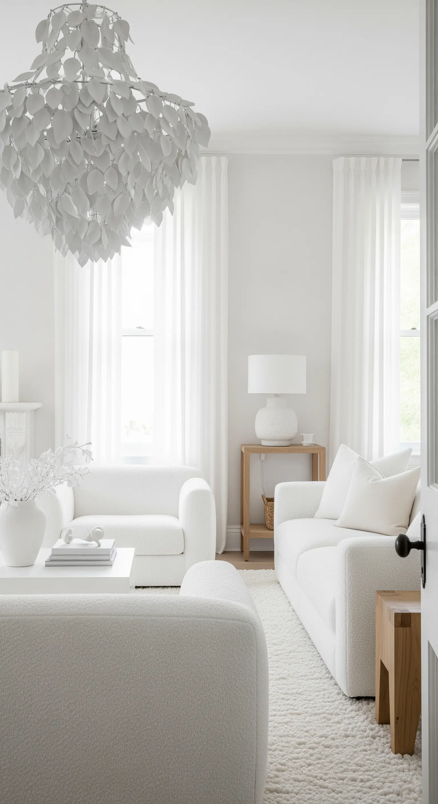 Weißer, blattförmiger Kronleuchter in einem komplett weißen, minimalistischen Wohnzimmer.