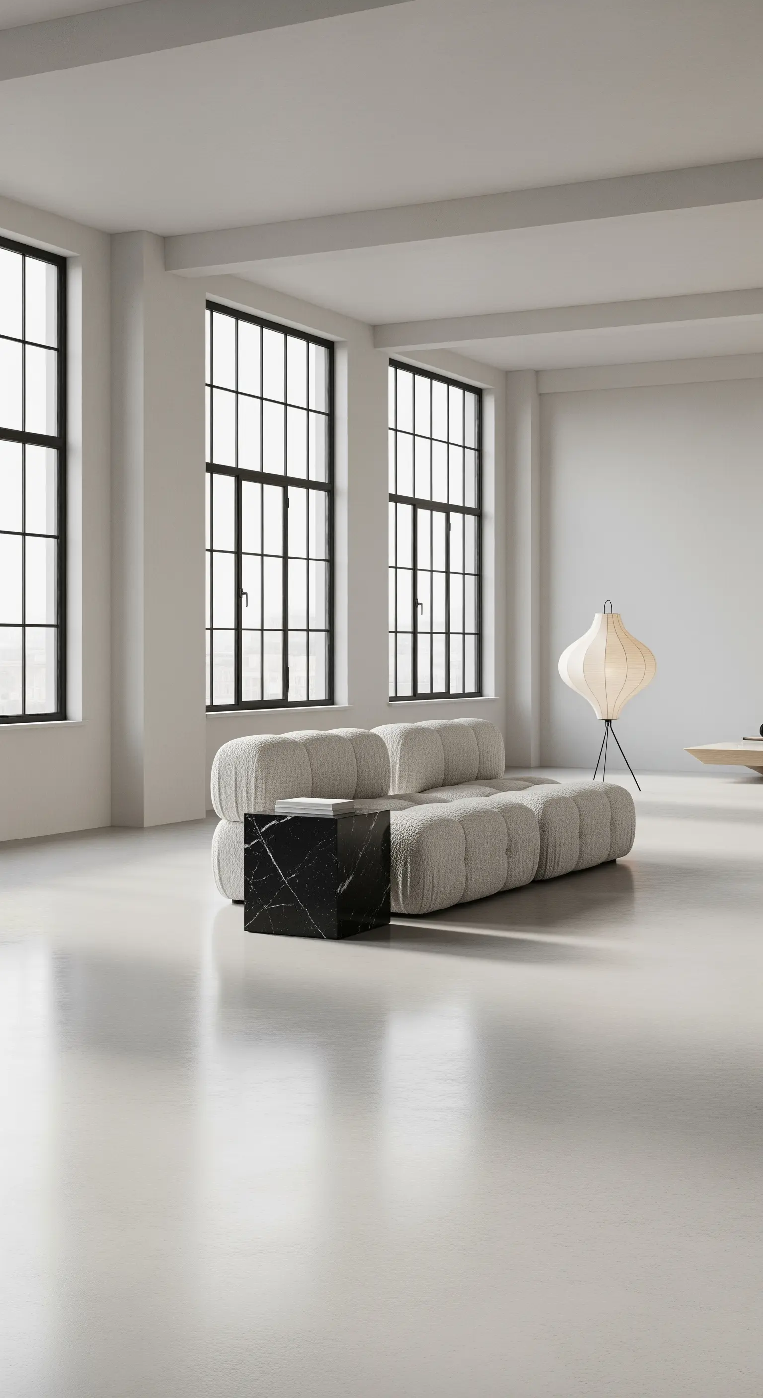 Minimalistisches Wohnzimmer mit Bouclé-Sofa und Marmortisch auf glattem Betonboden