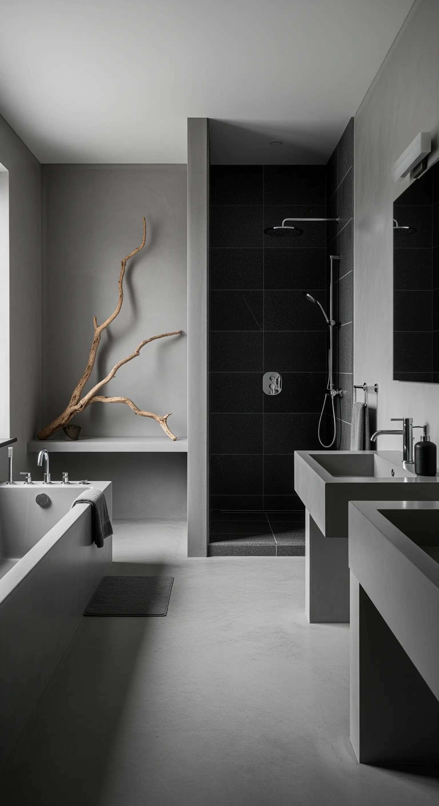 Monochromes graues Badezimmer mit einem großen, skulpturalen Ast als einziges Dekorationselement.