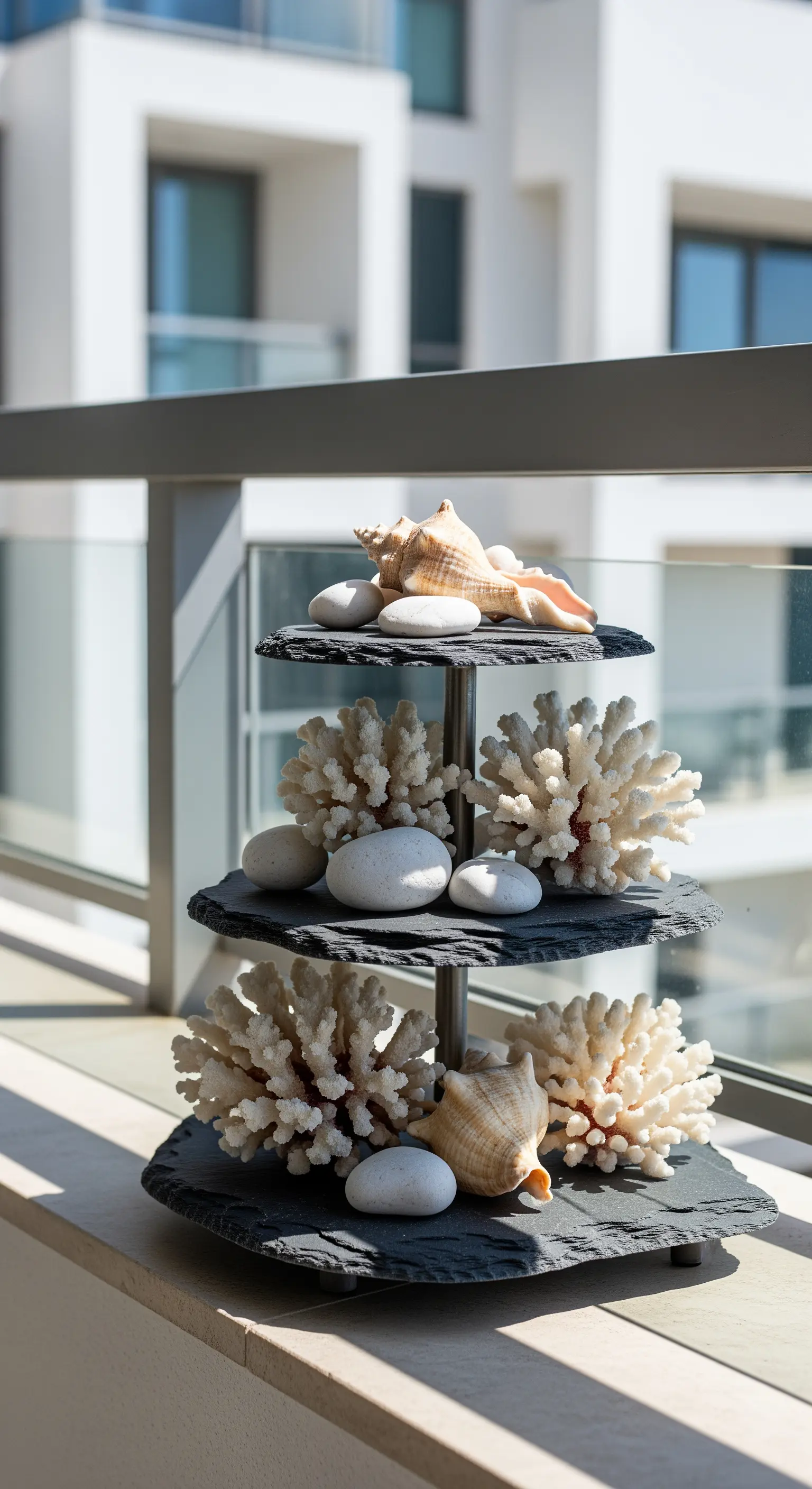 Drei-stöckige Schiefer-Etagere dekoriert mit weißen Korallen, Muscheln und Kieselsteinen.