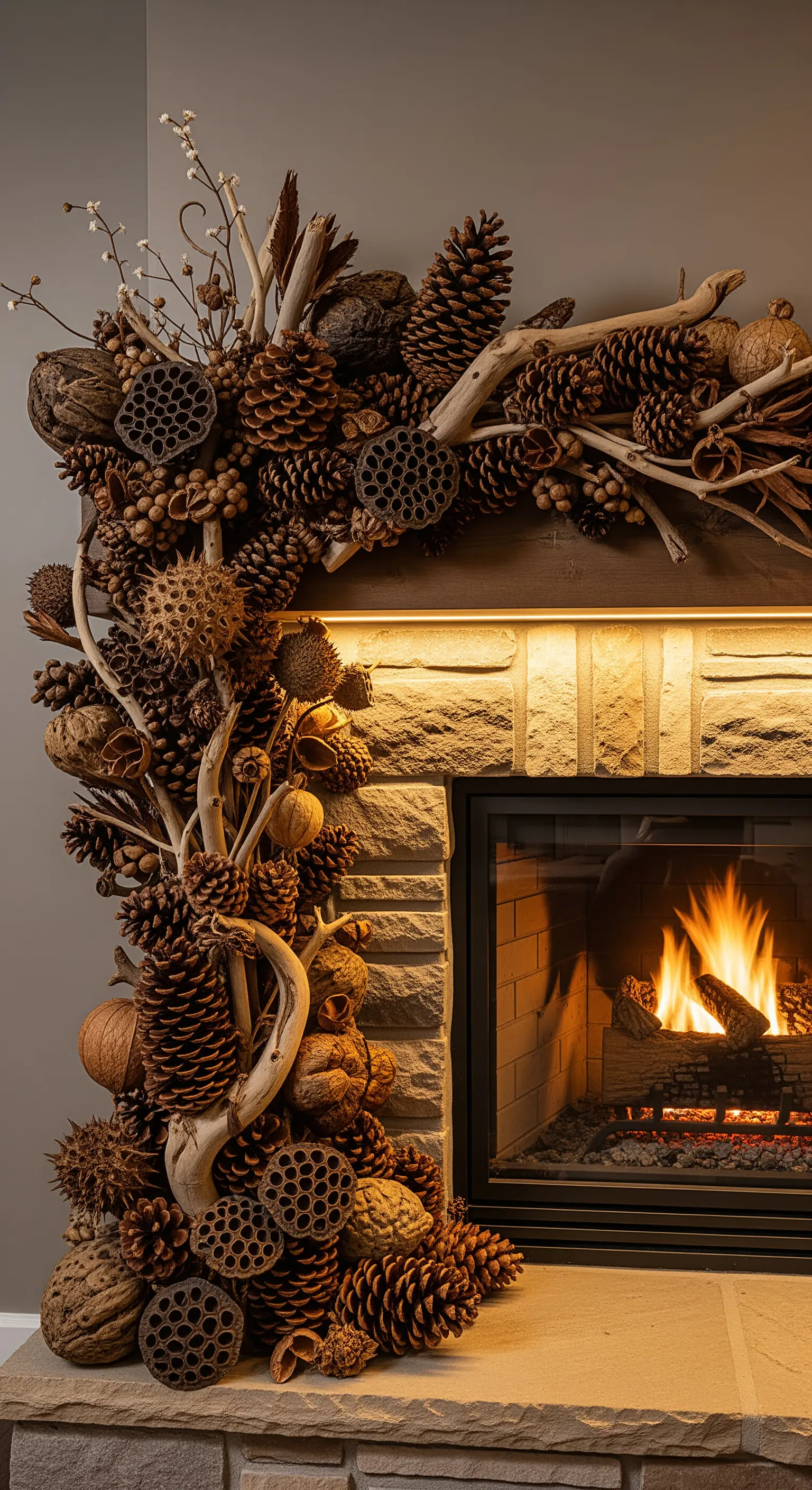Kunstvolle, asymmetrische Deko aus getrockneten Zapfen und Zweigen an einem Kamin.