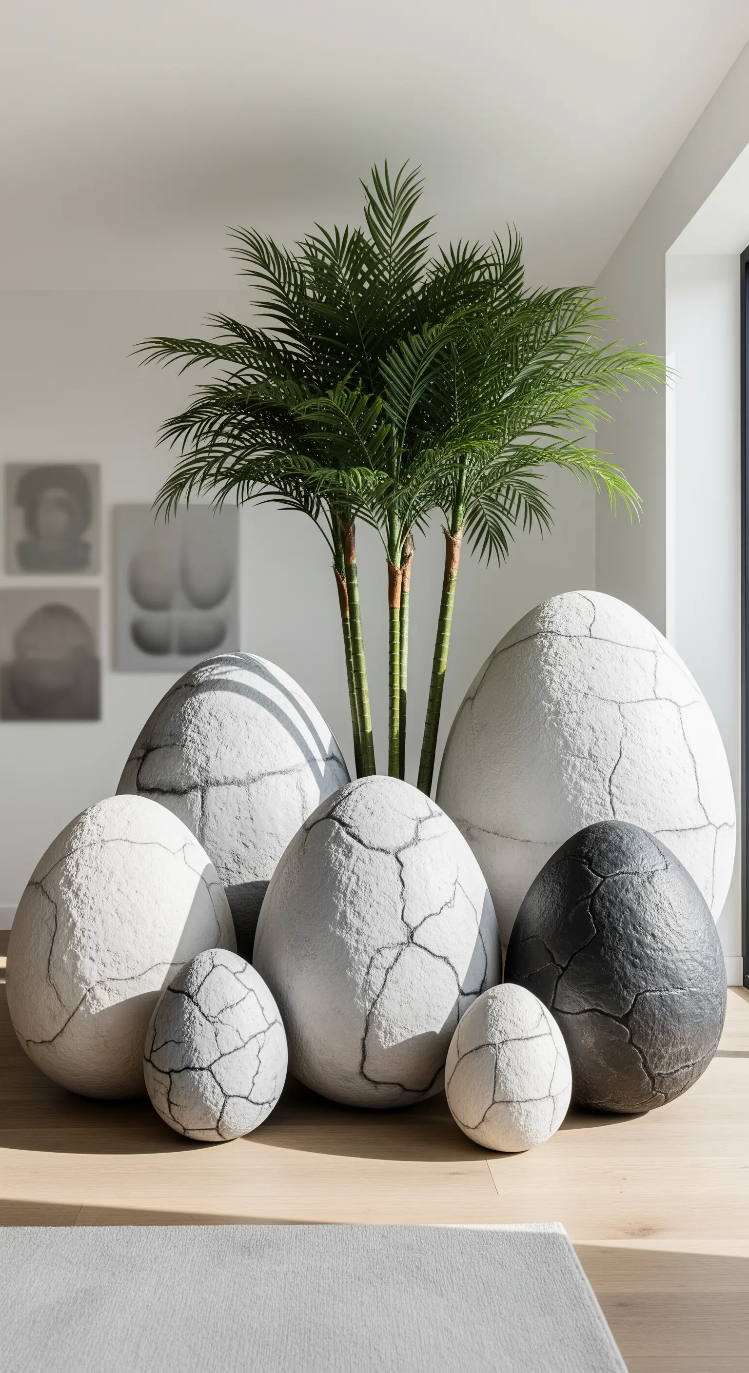 Große skulpturale Ostereier in Grau, Schwarz, Weiß mit Crackle-Effekt und Palme