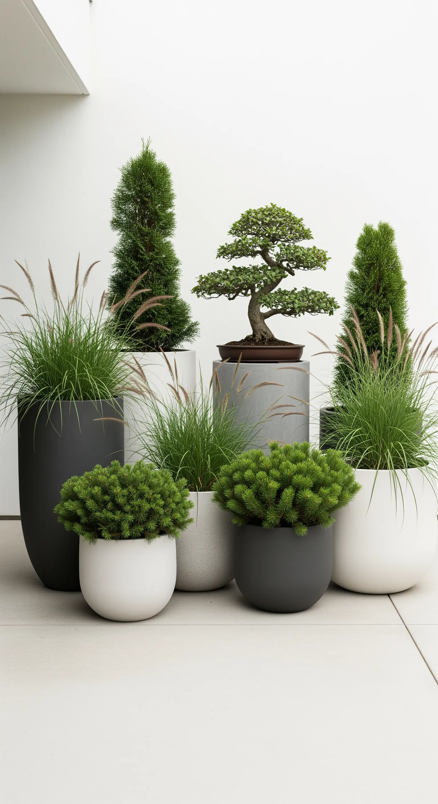 Gruppe von Pflanzkübeln in Weiß, Grau und Schwarz mit Bonsai, Gräsern und Kiefern