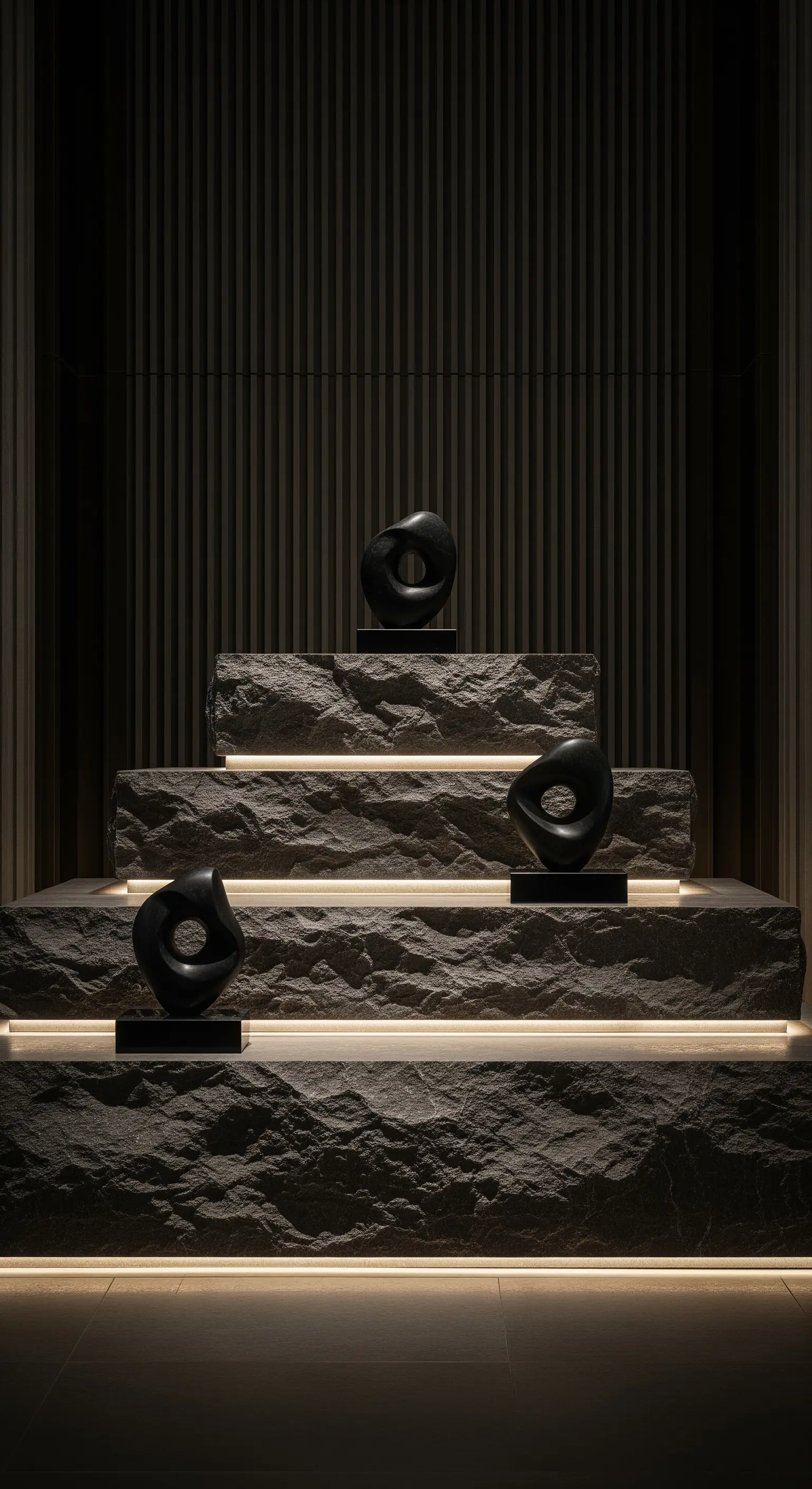 Gestufte Steinkonsole mit indirekter Beleuchtung und schwarzen Skulpturen