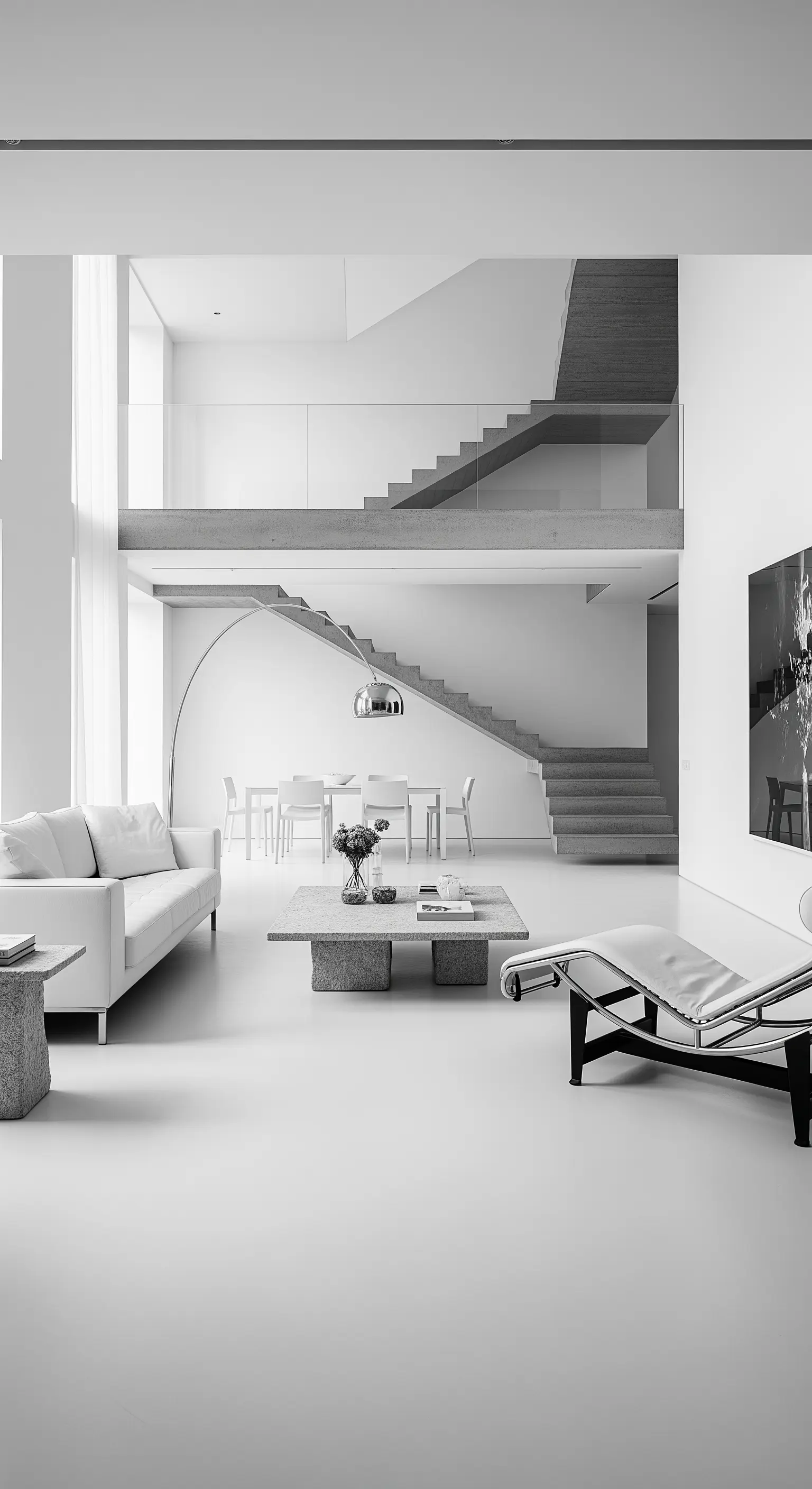 Schwarz-weißes, minimalistisches Loft mit Beton-Treppe und Designer-Möbeln.