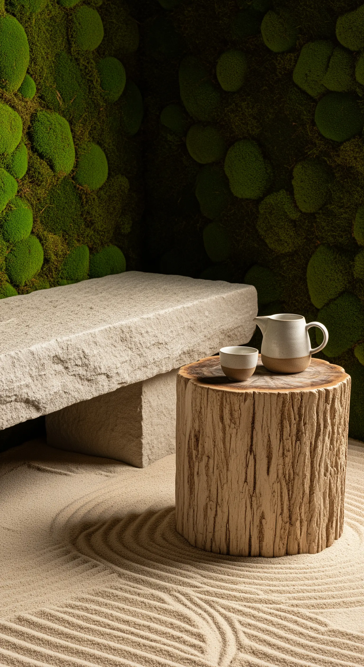 Japandi-Ecke mit Steinbank, Baumstumpf-Tisch und einer Wand aus Moos