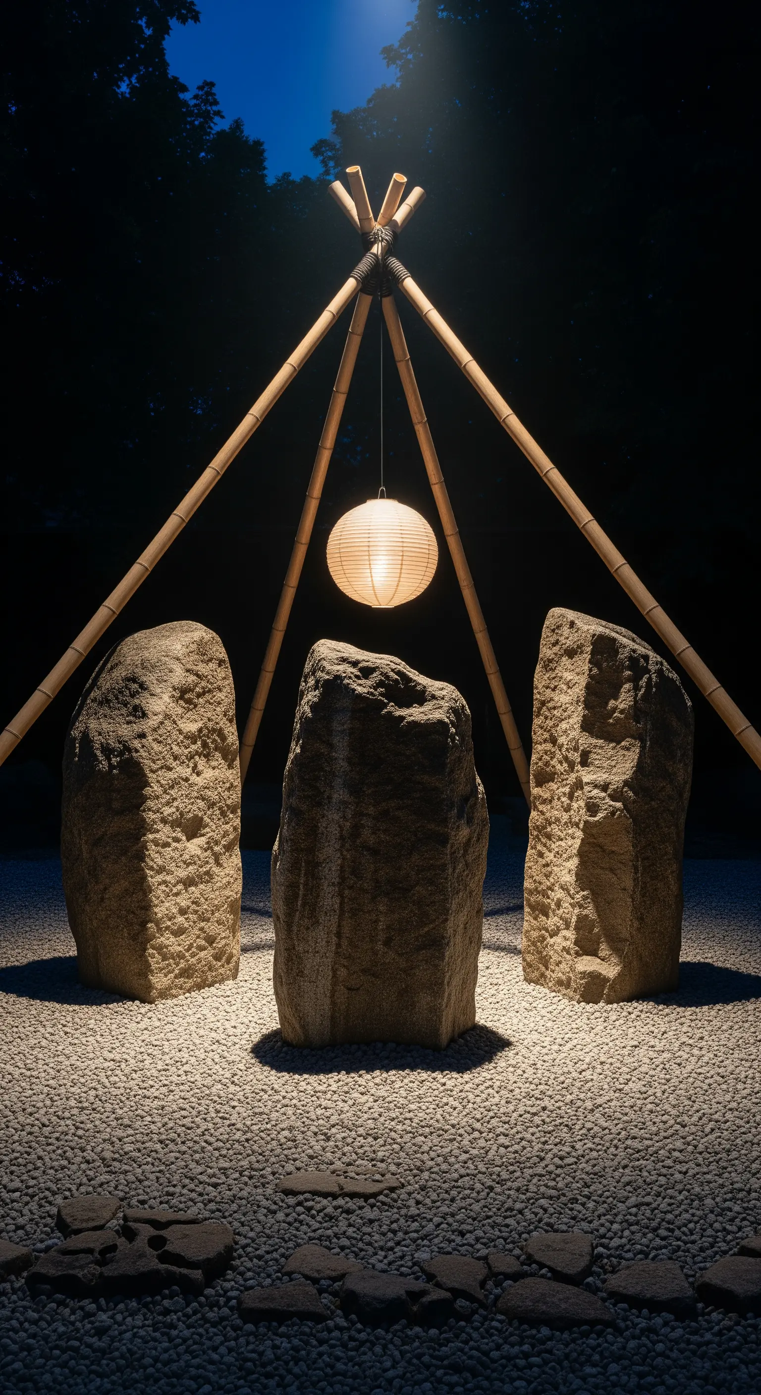 Drei große Steine unter einem Bambus-Tipi mit hängender Papierlaterne auf Kiesboden