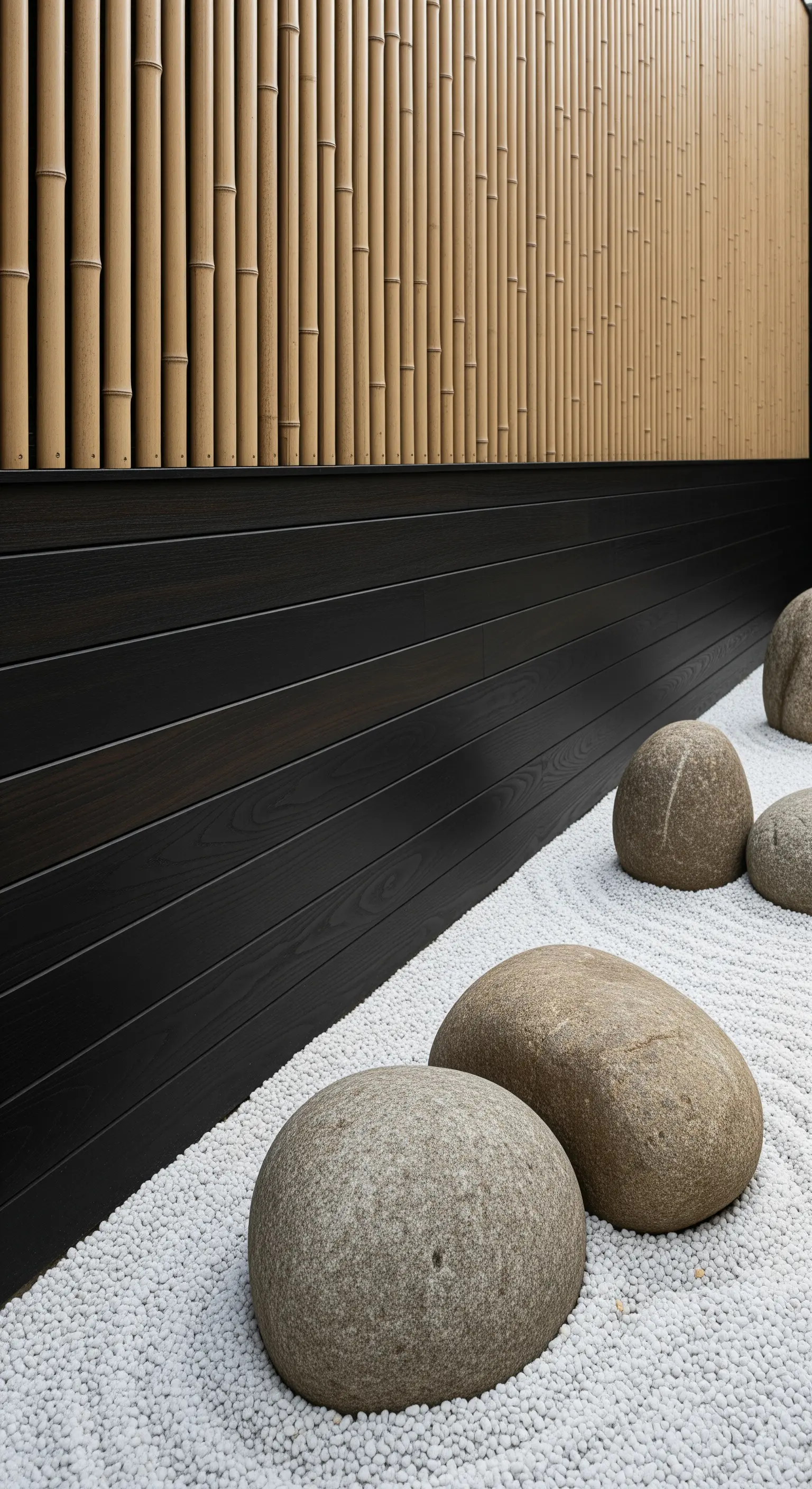 Große, glatte Steine auf weißem Kiesbett mit Bambuszaun im Hintergrund