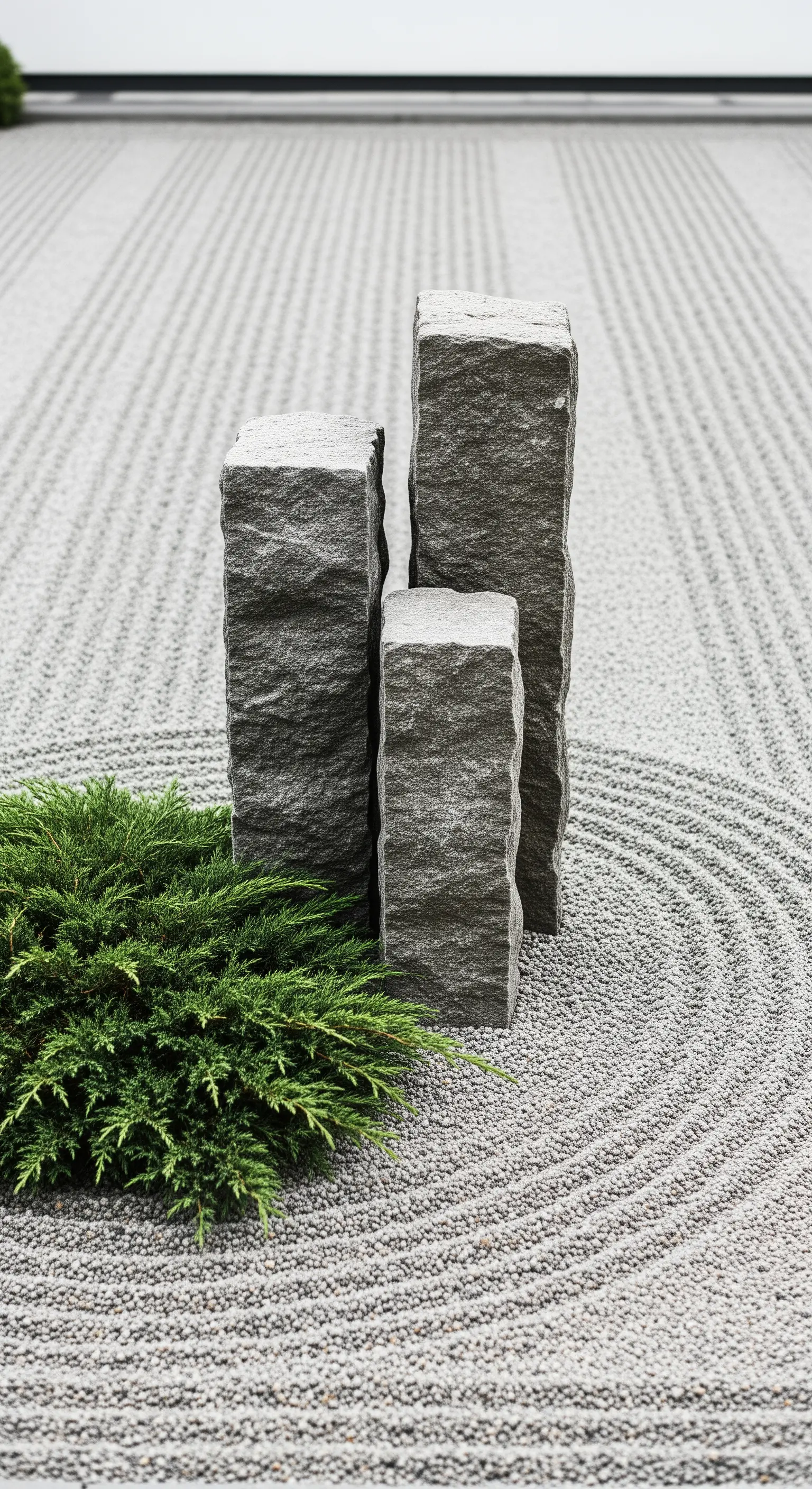 Zen-Garten mit drei Steinsäulen, Kies und kleinem Strauch