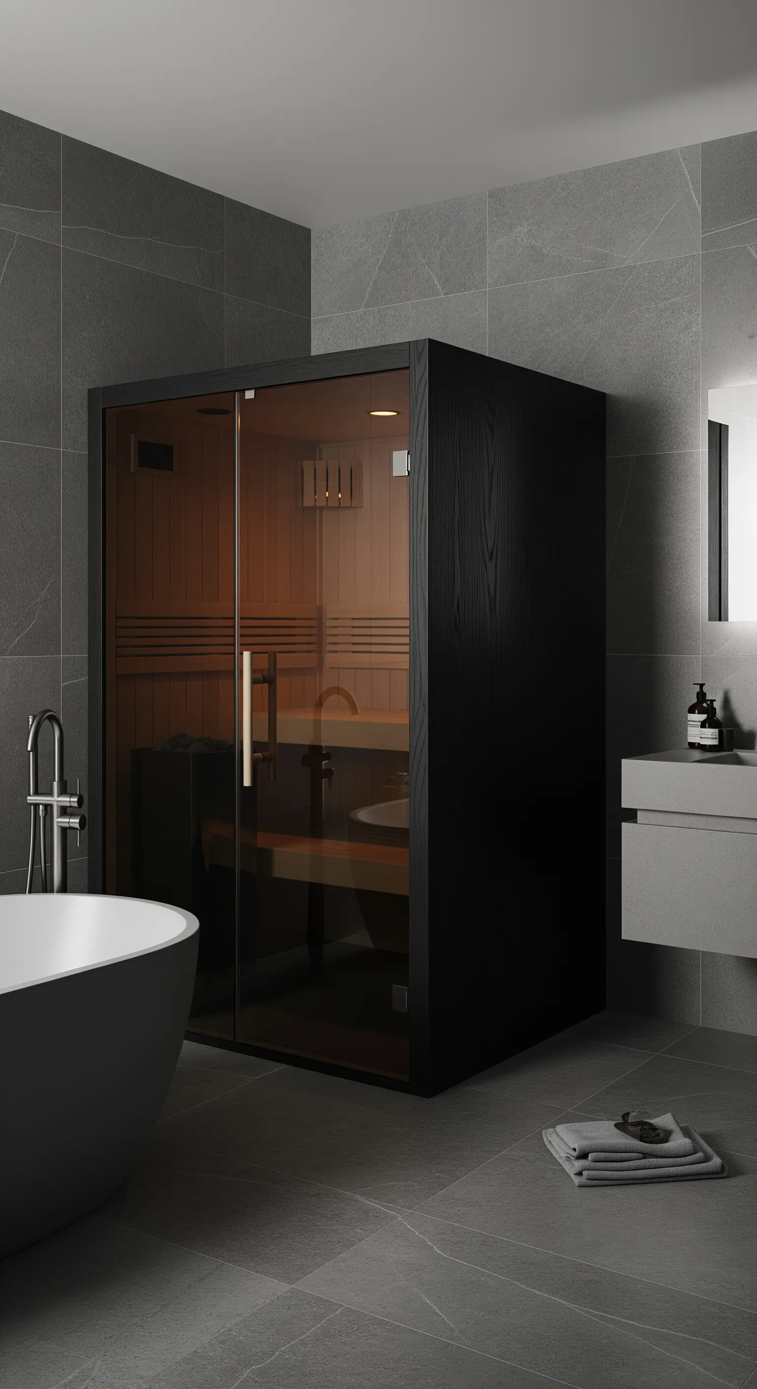 Minimalistisches graues Bad mit einer schwarzen, kubischen Sauna.