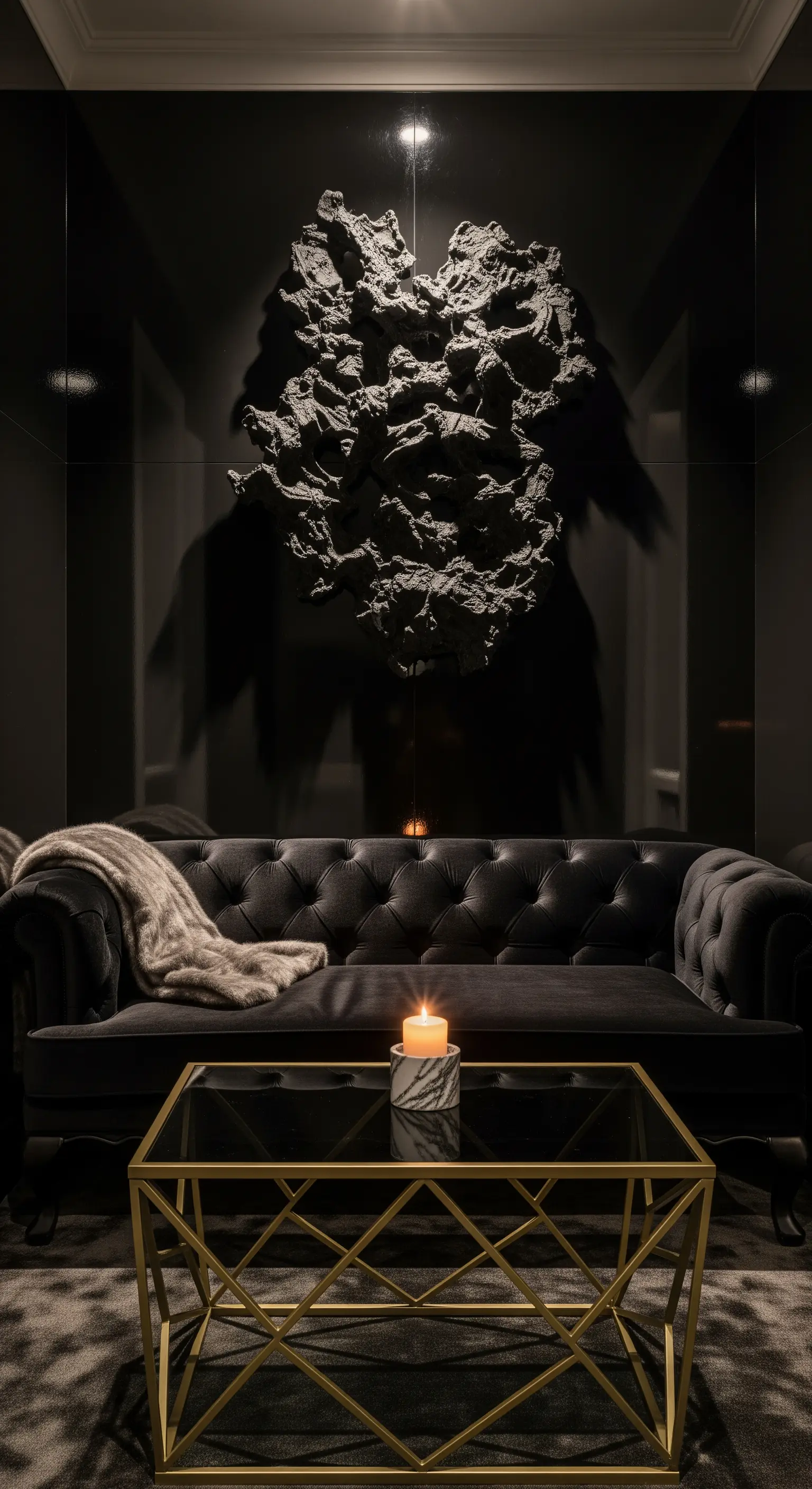 Schwarzes Relief-Wandobjekt über Samtsofa