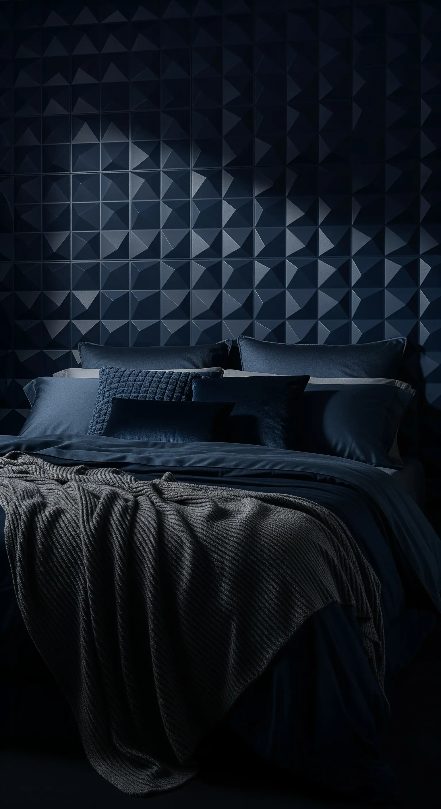 Geometrische 3D-Wandpaneele in Nachtblau