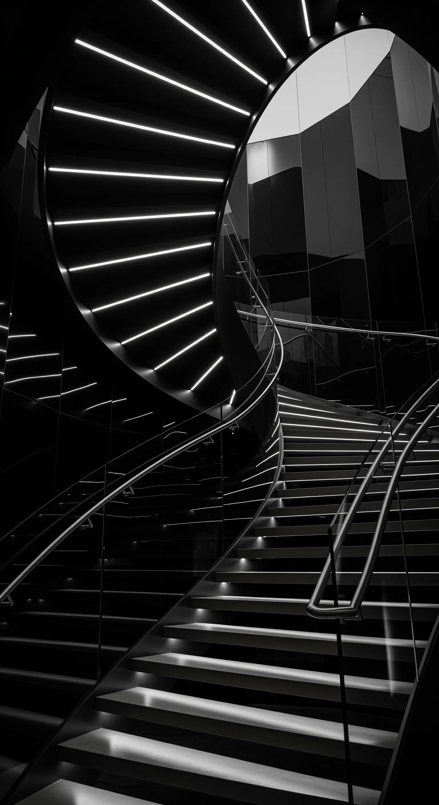 Schwarze Wendeltreppe mit integrierten LED-Lichtstreifen und Spiegeleffekten