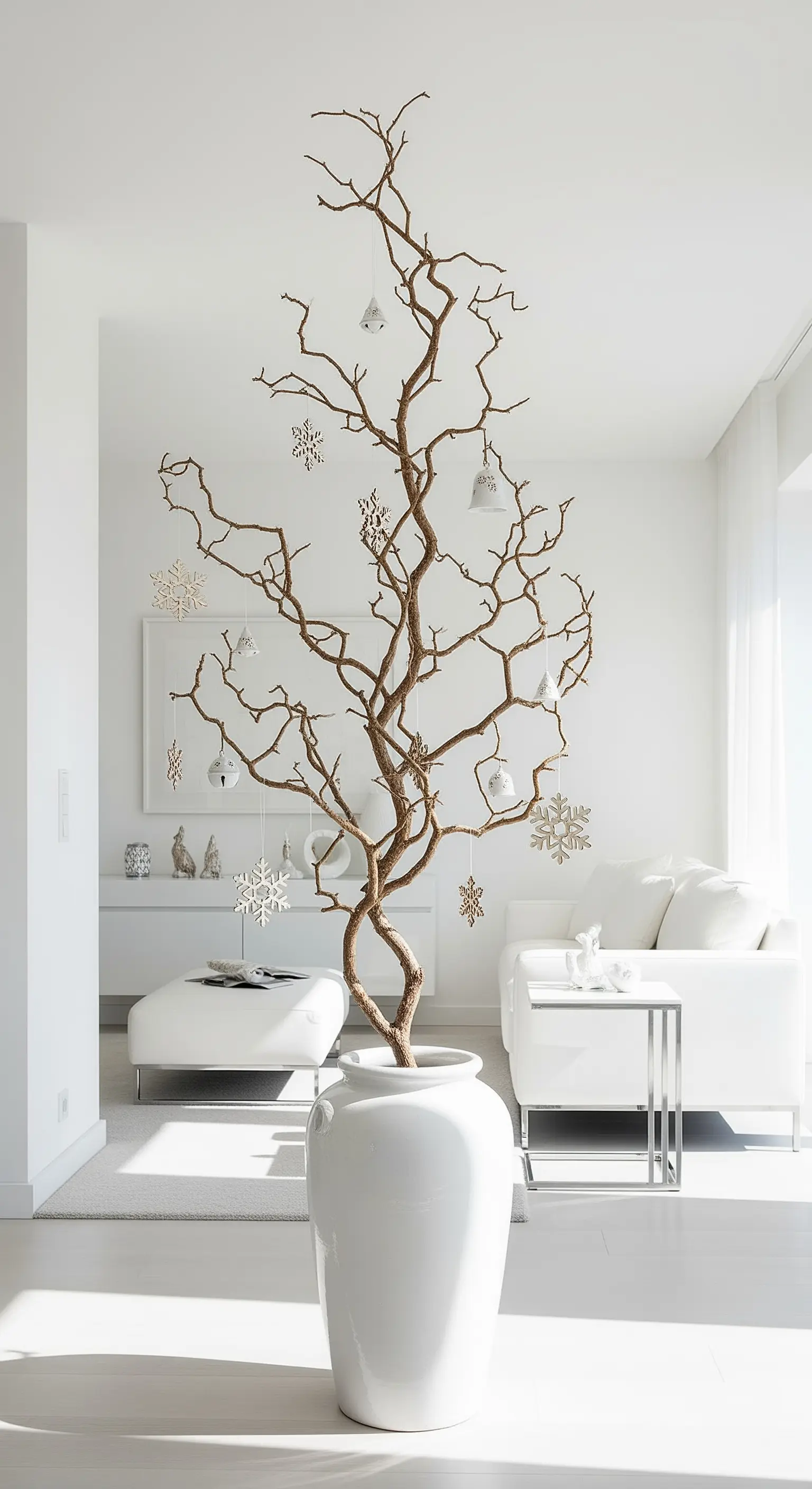Großer dekorativer Astbaum in weißer Vase mit minimalistischem Weihnachtsschmuck