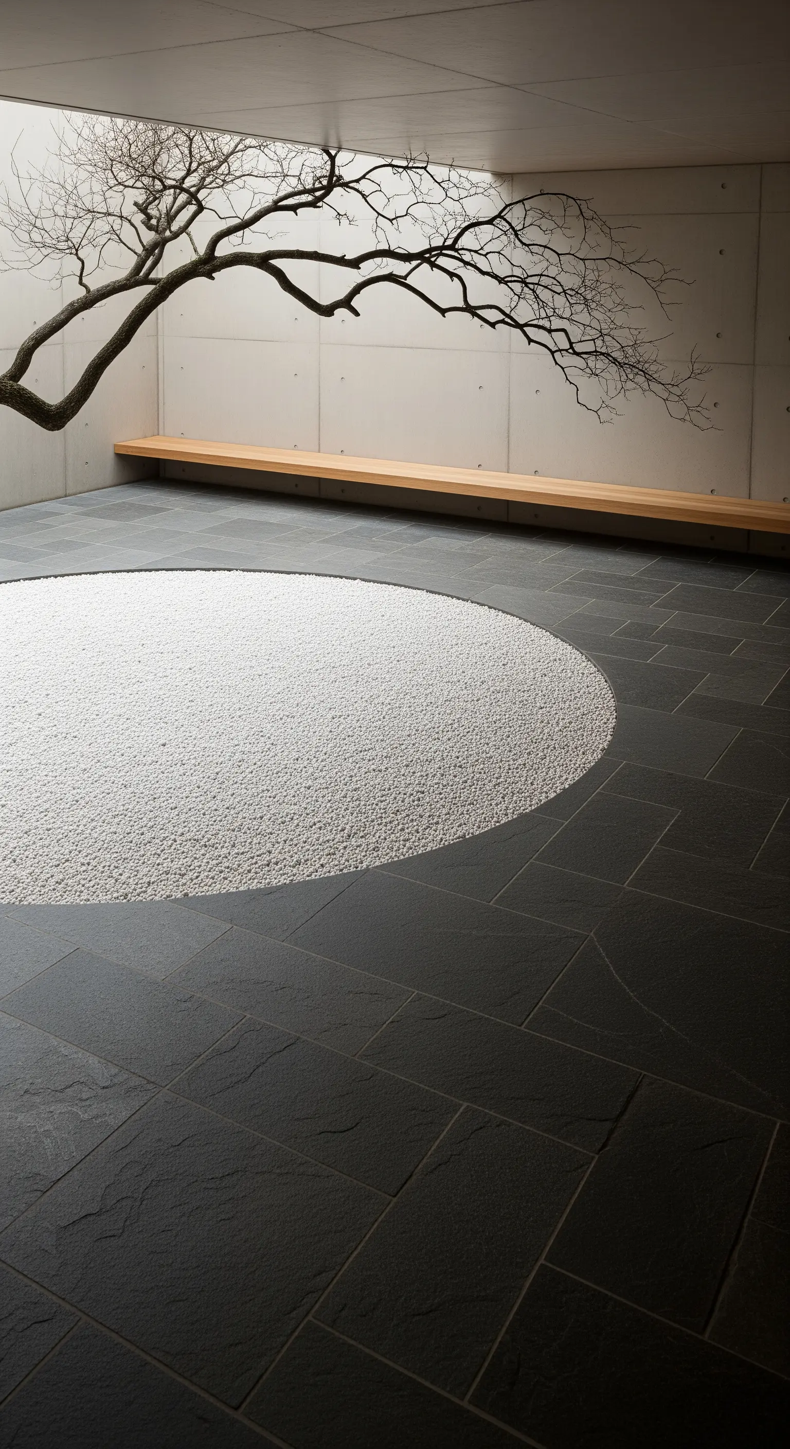 Skulpturaler Baum, weißer Kieskreis und Betonwände