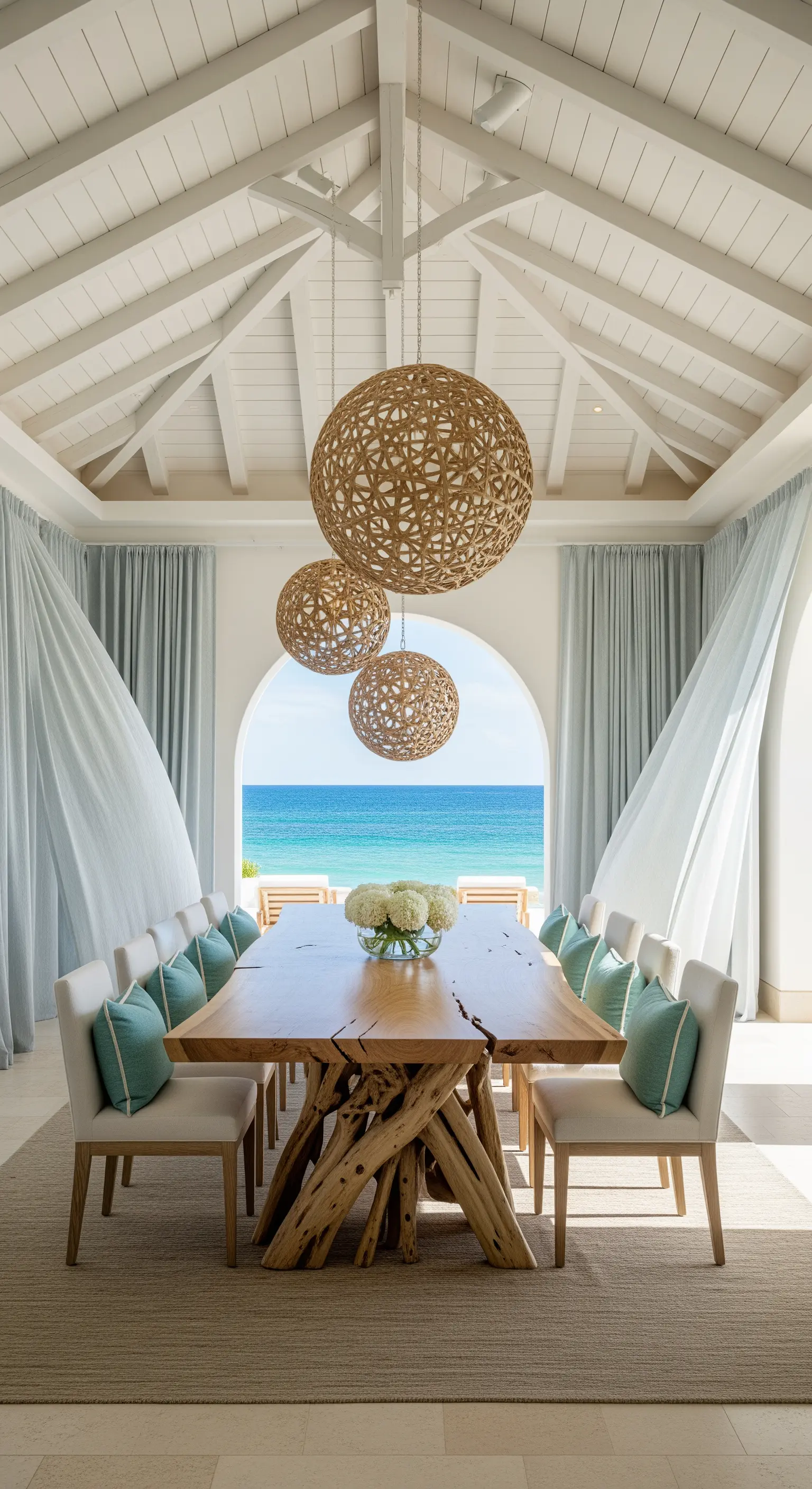 Esszimmer, Wurzelholz-Esstisch, Rattan-Kugelleuchten, Meerblick