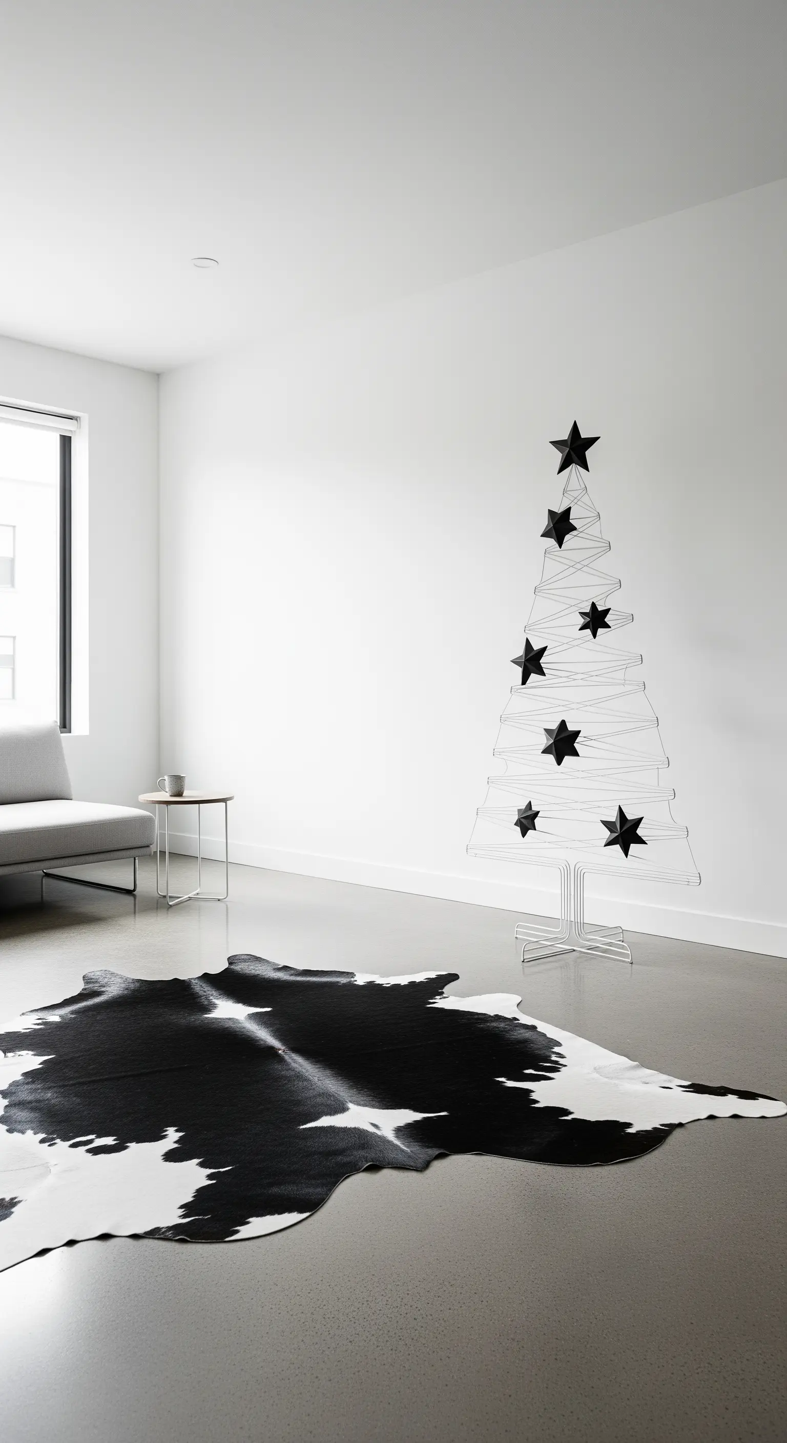 Minimalistischer Raum mit Draht-Weihnachtsbaum, Sternen und Kuhfellteppich.